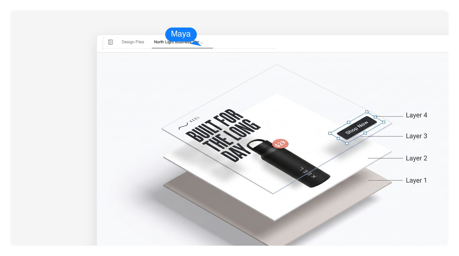 Ad creative separated into background, product photo, headline and CTA button layers