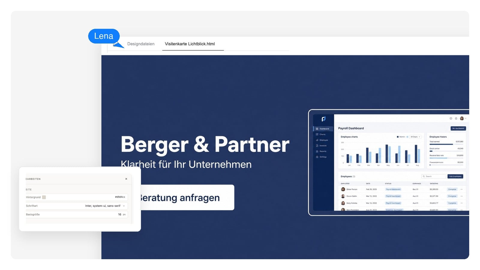 Querformat-Anzeige einer Lohnabrechnungsplattform mit nutzenorientierter Headline und „Demo anfordern“-Button