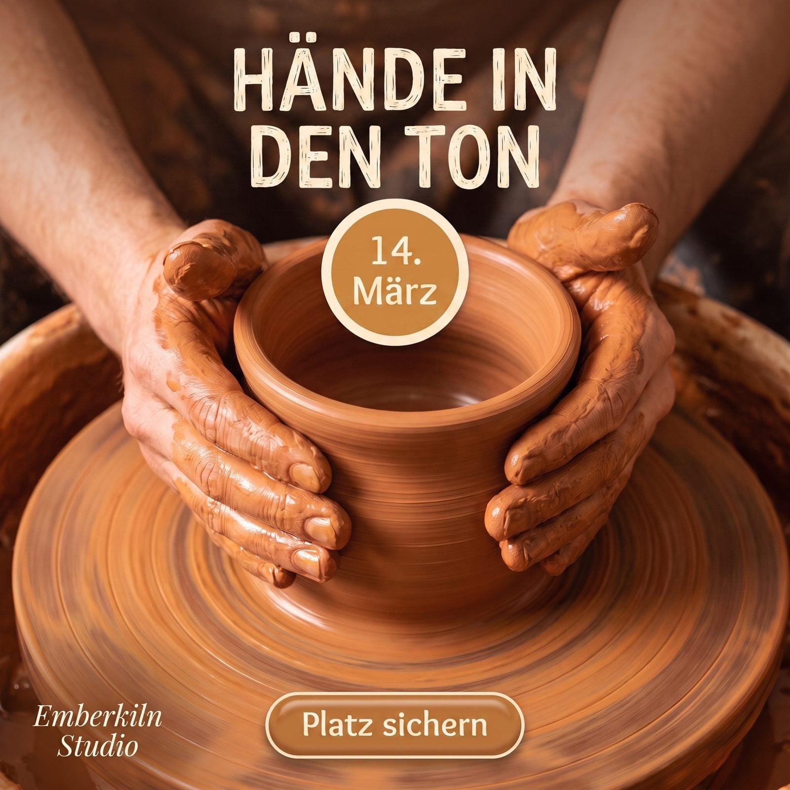 Quadratische Töpferworkshop-Anzeige mit Datums-Sticker „14. März“ und „Platz sichern“-Button