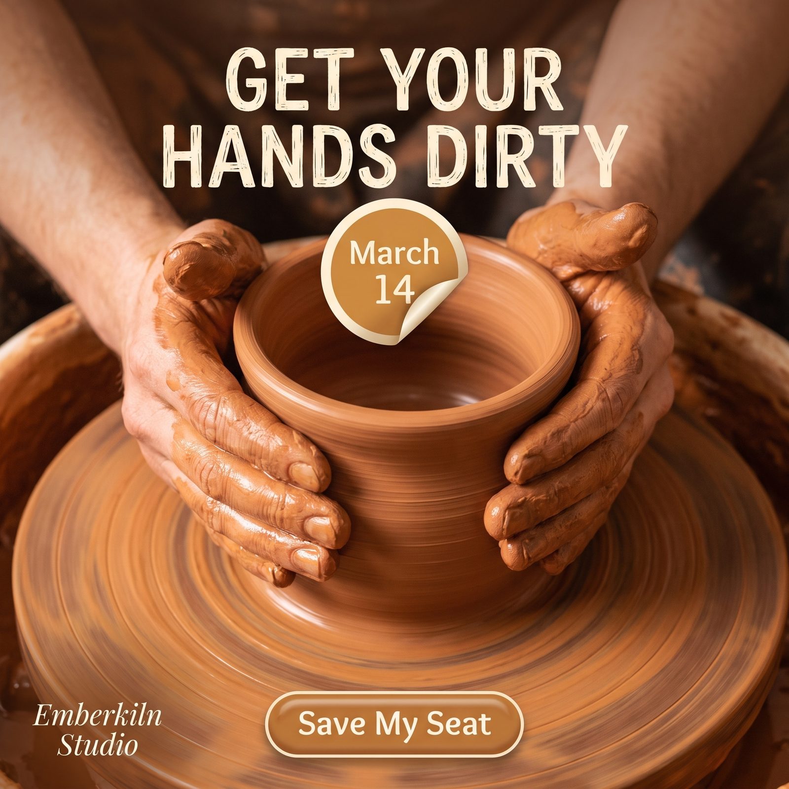Square pottery workshop promo ad with the March 14 date sticker and a Save My Seat button