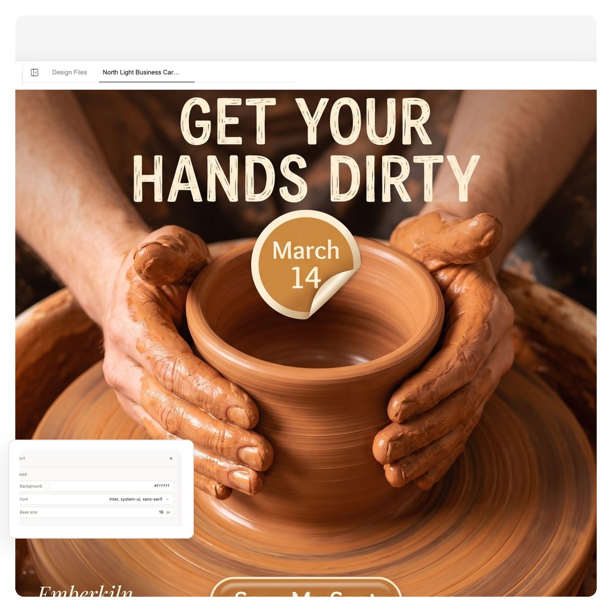 Square pottery workshop promo ad with the March 14 date sticker and a Save My Seat button