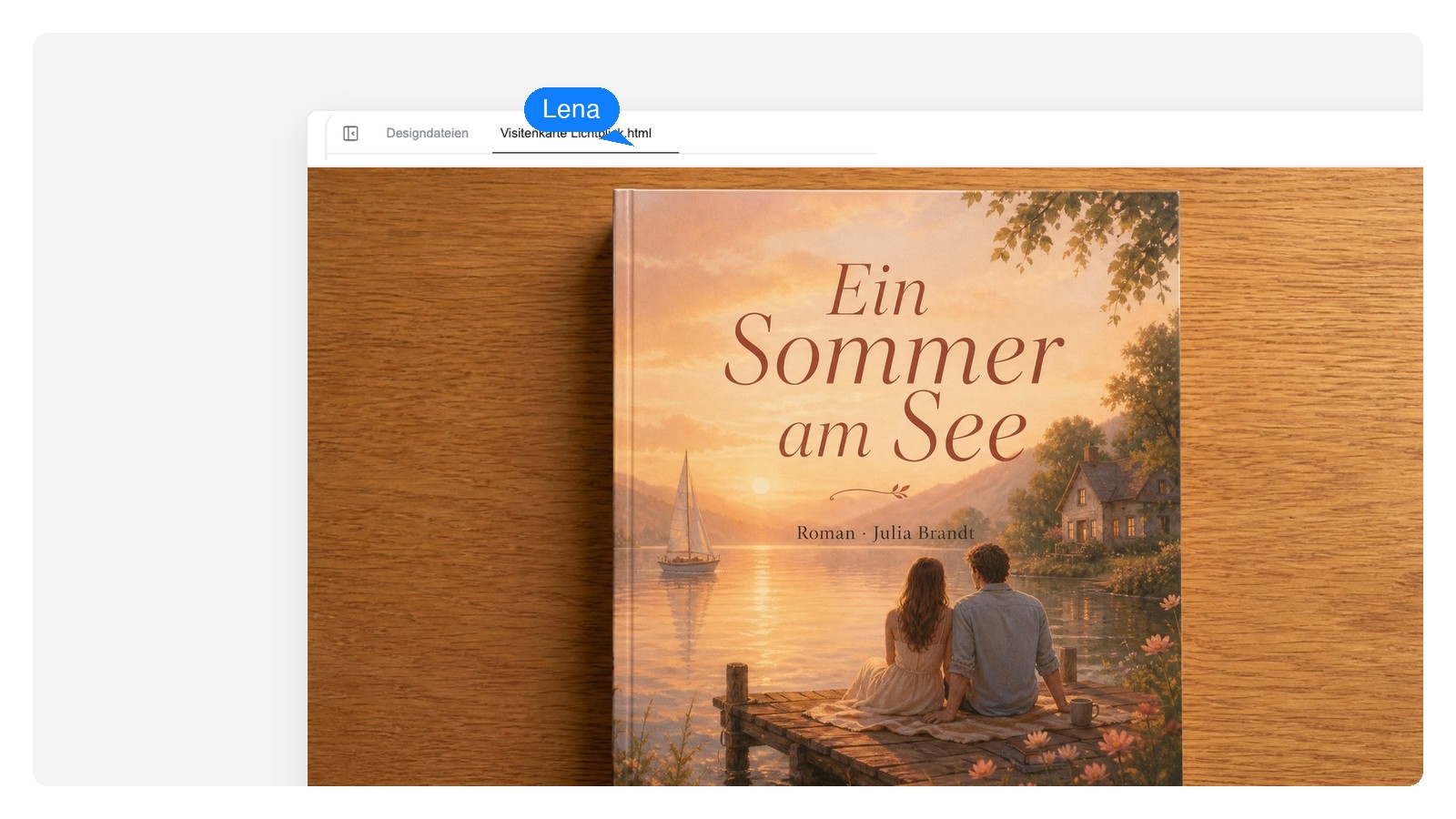 KI-generiertes Liebesroman-Buchcover, bei dem der Titel als editierbare Textebene und das Artwork als separate Bildebene markiert ist