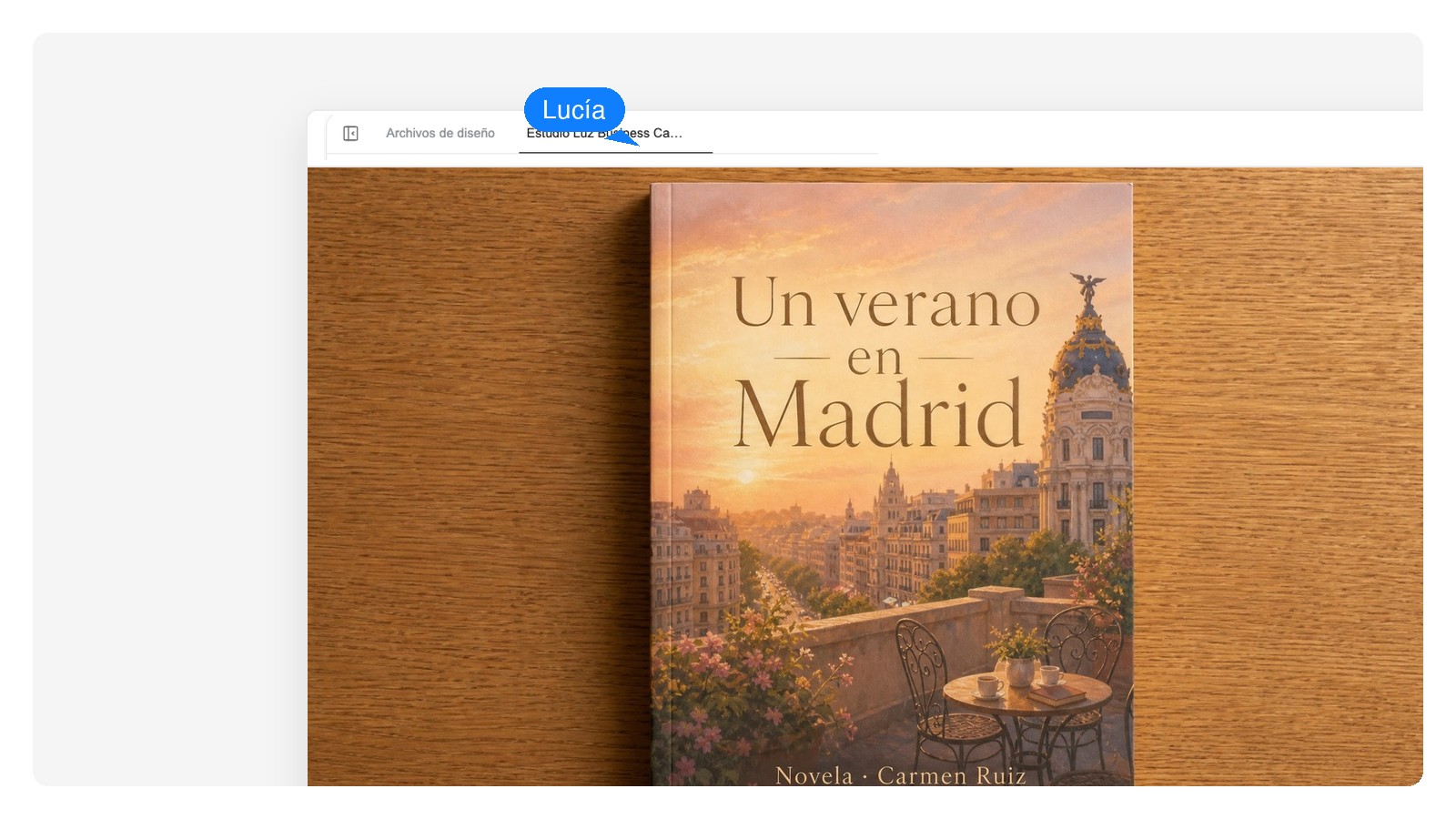 Portada de novela romántica generada con IA, con el título marcado como capa de texto editable y la ilustración como capa de imagen separada