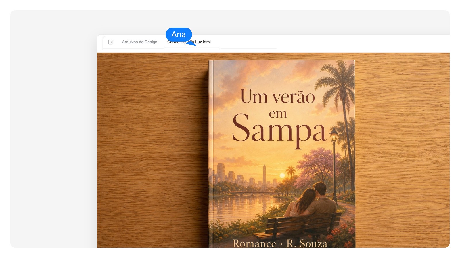 Capa de romance gerada por IA com o título marcado como camada de texto editável e a arte marcada como camada de imagem separada