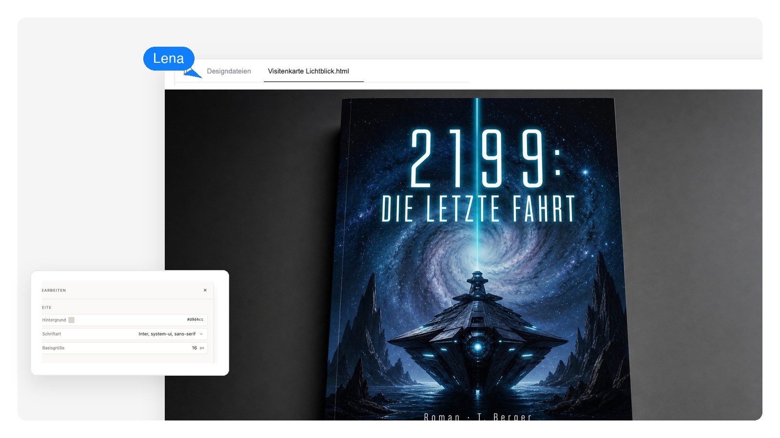 Science-Fiction-Richtung des Buchcovers „The Last Light“ — Deep-Space-Palette mit geometrischer Titelschrift
