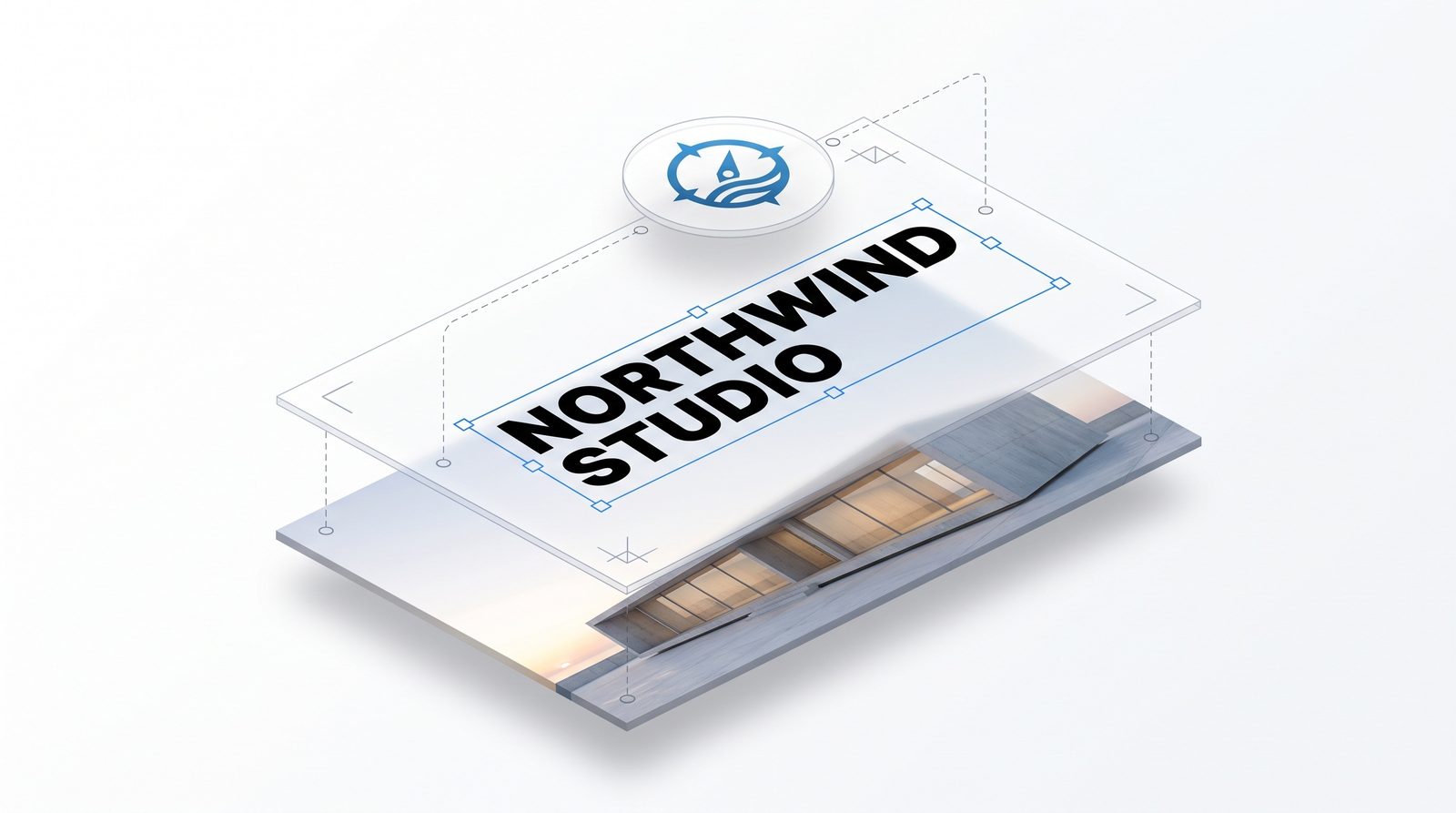 Brochure cover design separated into editable layers: background photo, headline text, and logo floating apart