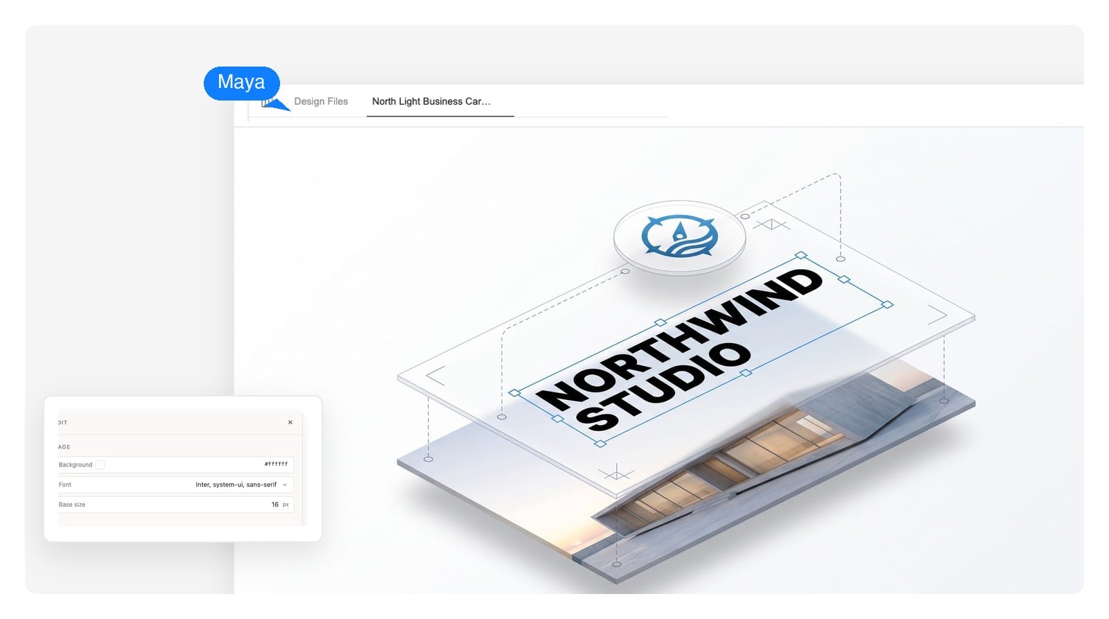 Brochure cover design separated into editable layers: background photo, headline text, and logo floating apart