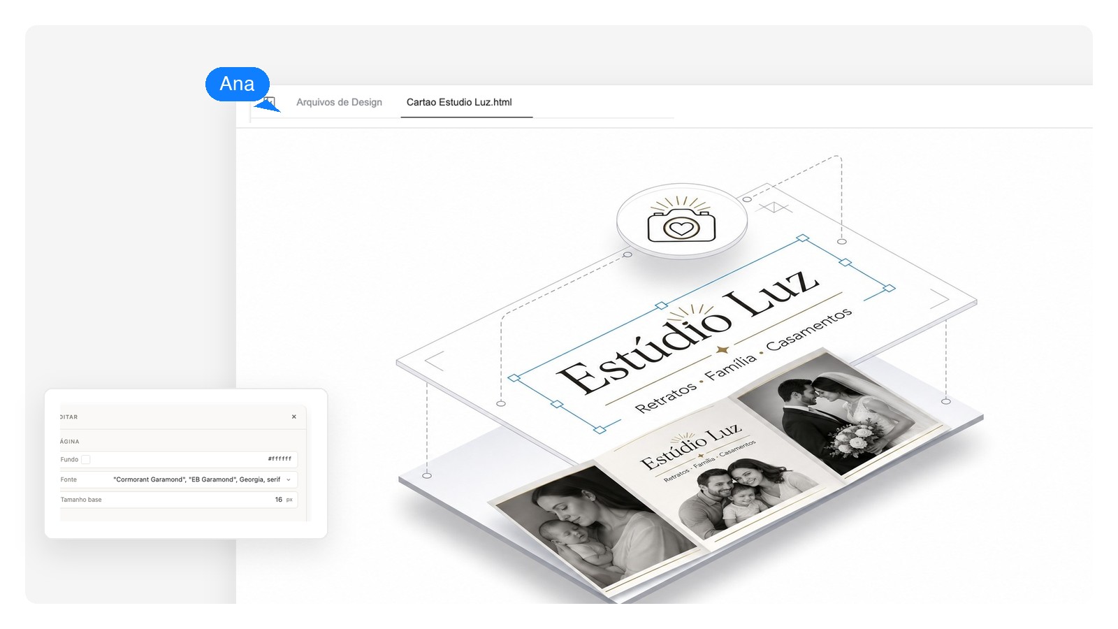 Capa de folder separada em camadas editáveis: foto de fundo, texto do título e logotipo flutuando separados