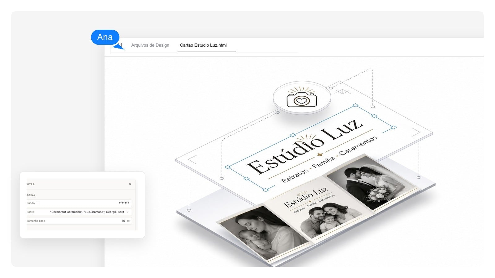 Capa de folder separada em camadas editáveis: foto de fundo, texto do título e logotipo flutuando separados