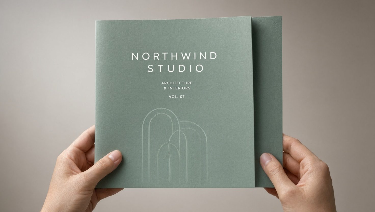 Hands holding a folded tri-fold brochure with the front cover facing the camera