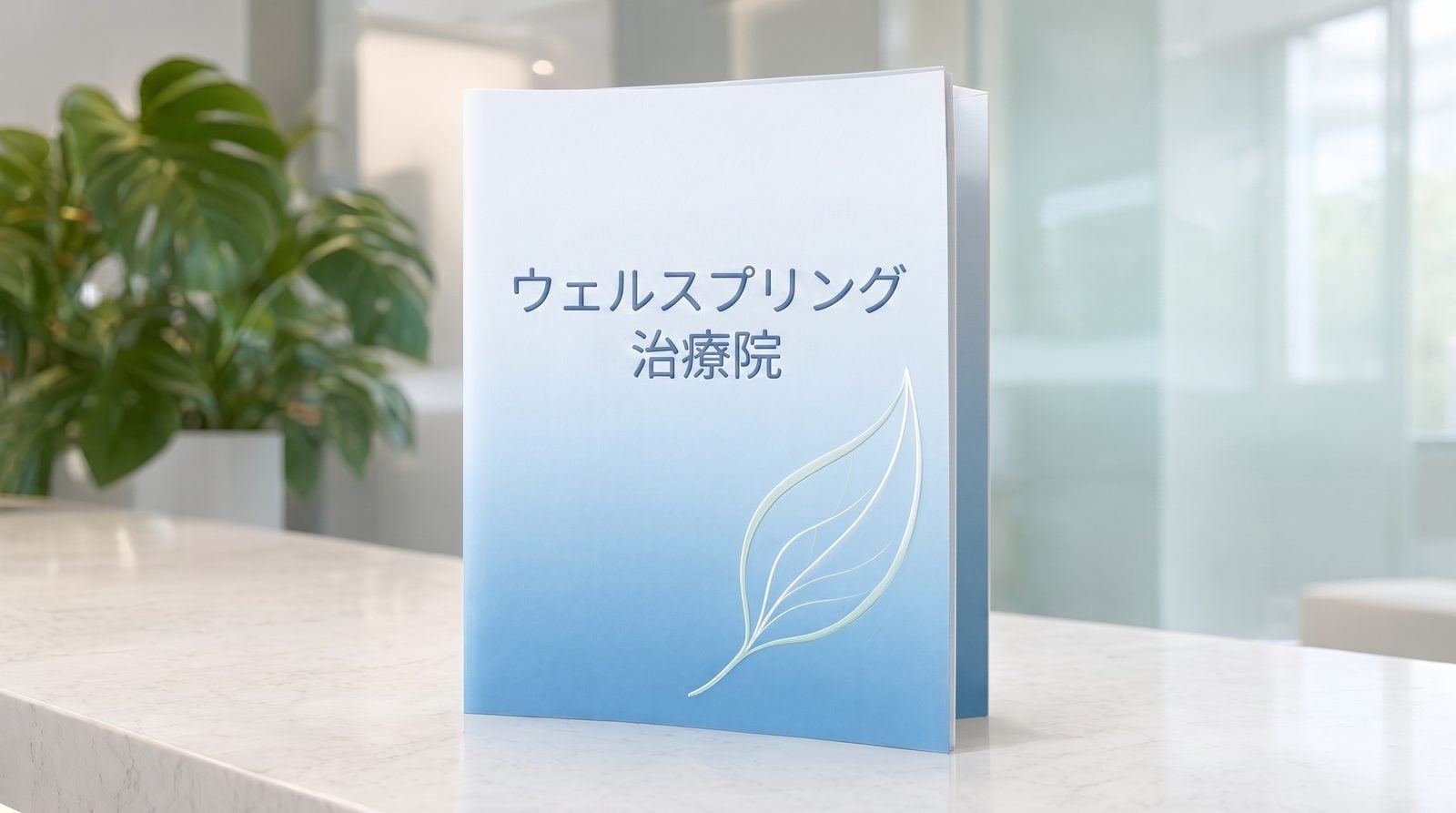 受付カウンターに立てられたリハビリクリニックの三つ折り案内パンフレット