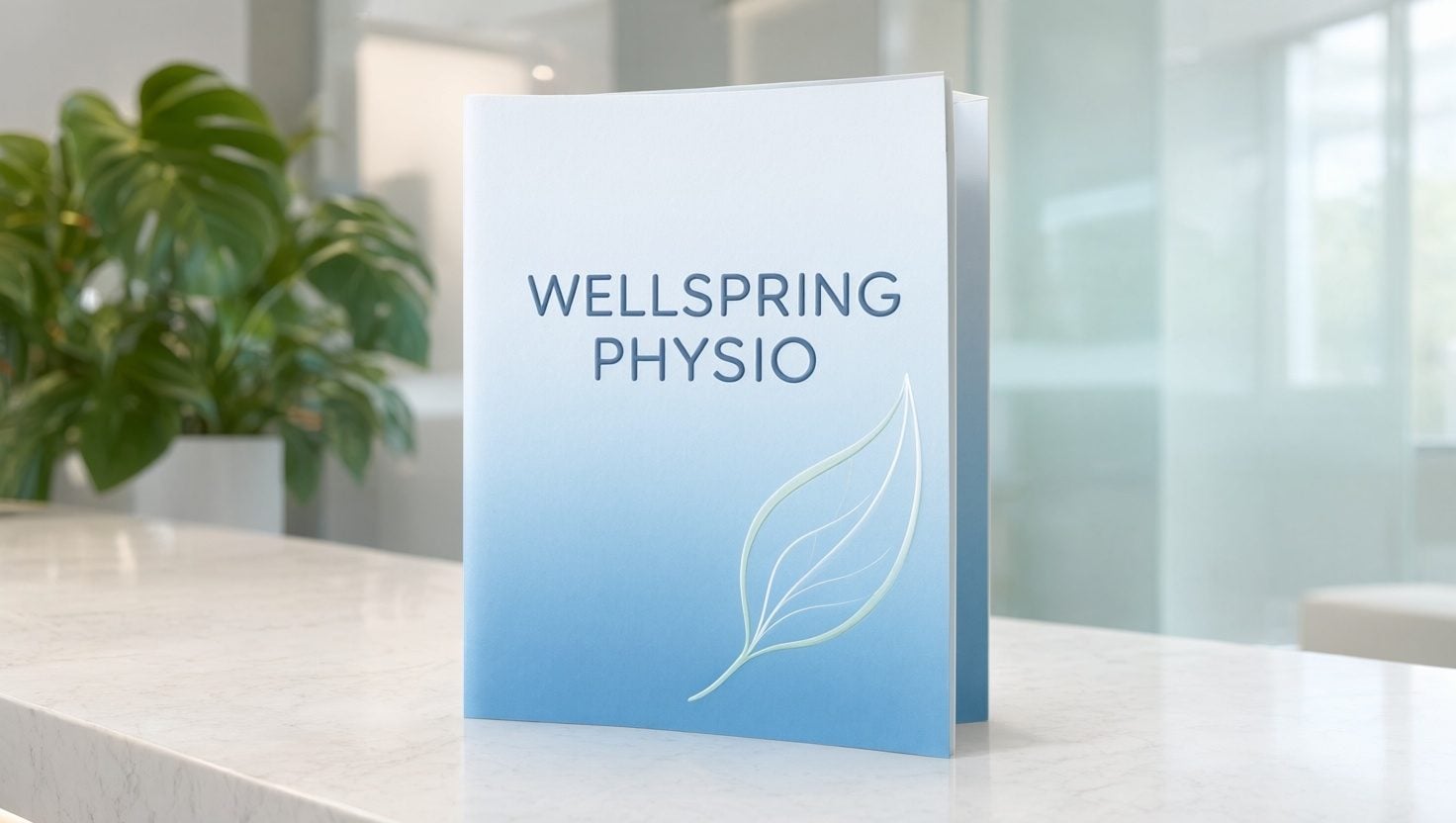 Tri-fold welcome brochure for a physiotherapy clinic standing on a reception counter