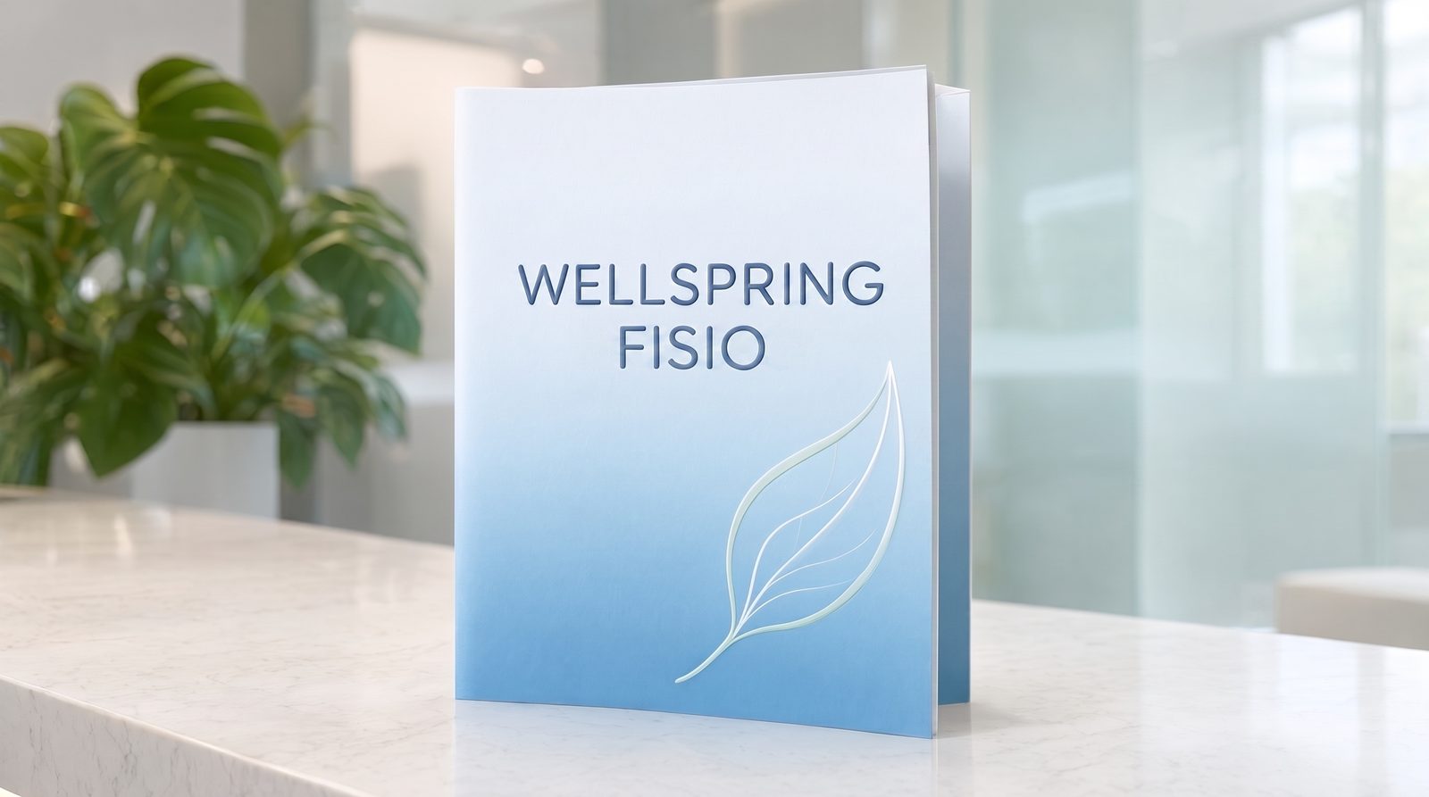 Folder de boas-vindas de 3 painéis de uma clínica de fisioterapia em pé sobre o balcão da recepção