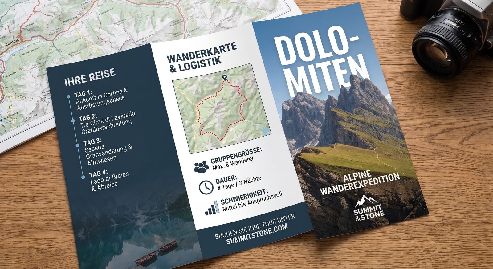Wickelfalz-Reisebroschüre eines Anbieters von Bergwandertouren, aufgeklappt mit Routenpanels neben dem Titel