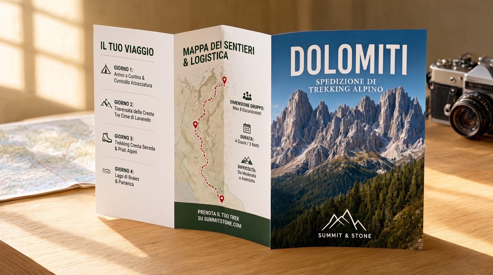 Brochure di viaggio a 3 ante di un tour operator di trekking in montagna, aperta con le ante degli itinerari accanto alla copertina