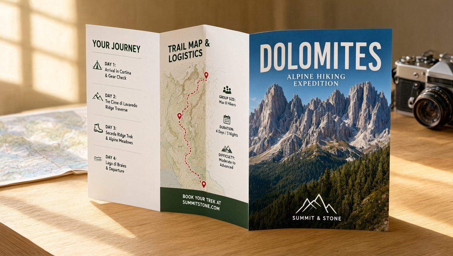 Tri-fold travel brochure for a mountain hiking tour company, opened to show itinerary panels beside its cover