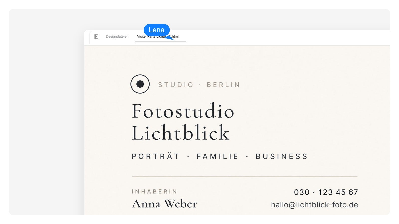 Vorderseite einer Fotostudio-Visitenkarte in tatsächlicher Druckgröße