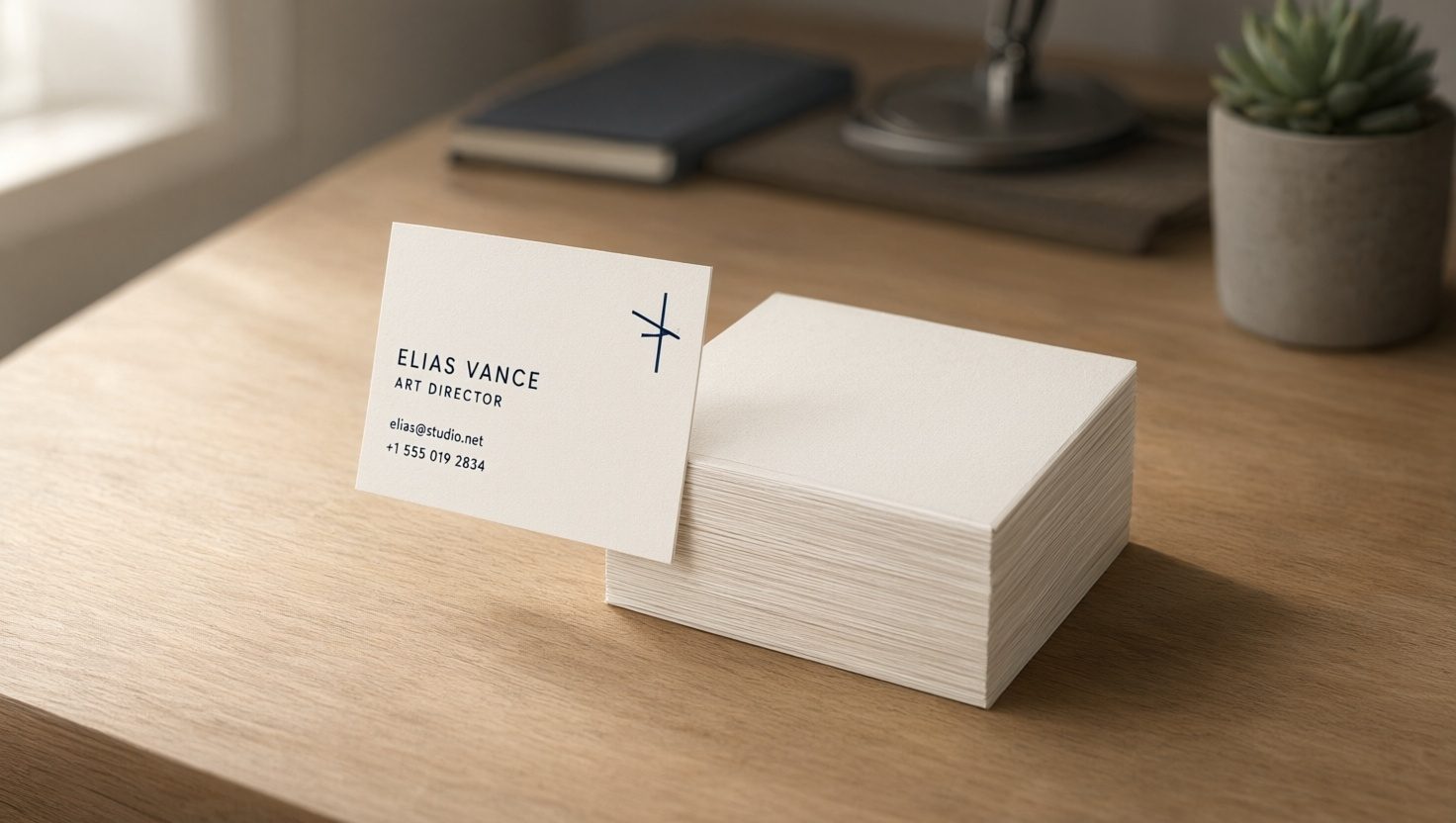 A stack of freshly printed business cards on a desk