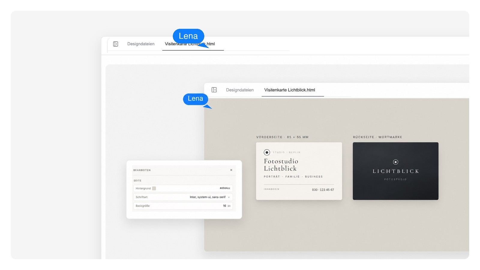 Ein Visitenkarten-Design, aufgeteilt in drei editierbare Ebenen: Hintergrund, Logo und Kontakttext