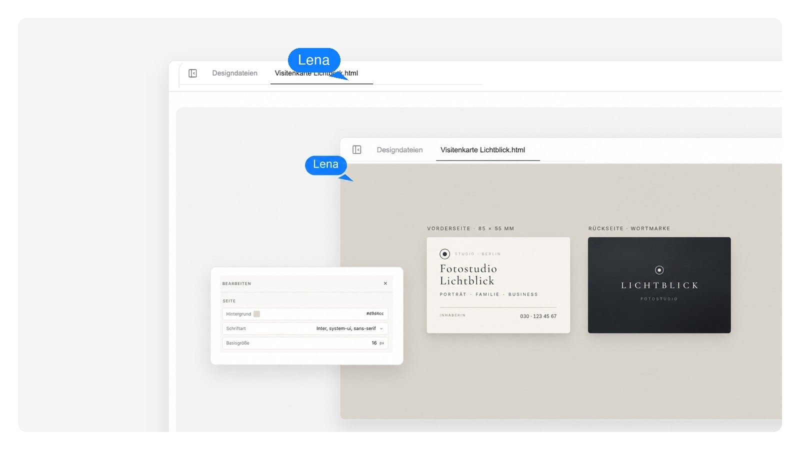 Ein Visitenkarten-Design, aufgeteilt in drei editierbare Ebenen: Hintergrund, Logo und Kontakttext