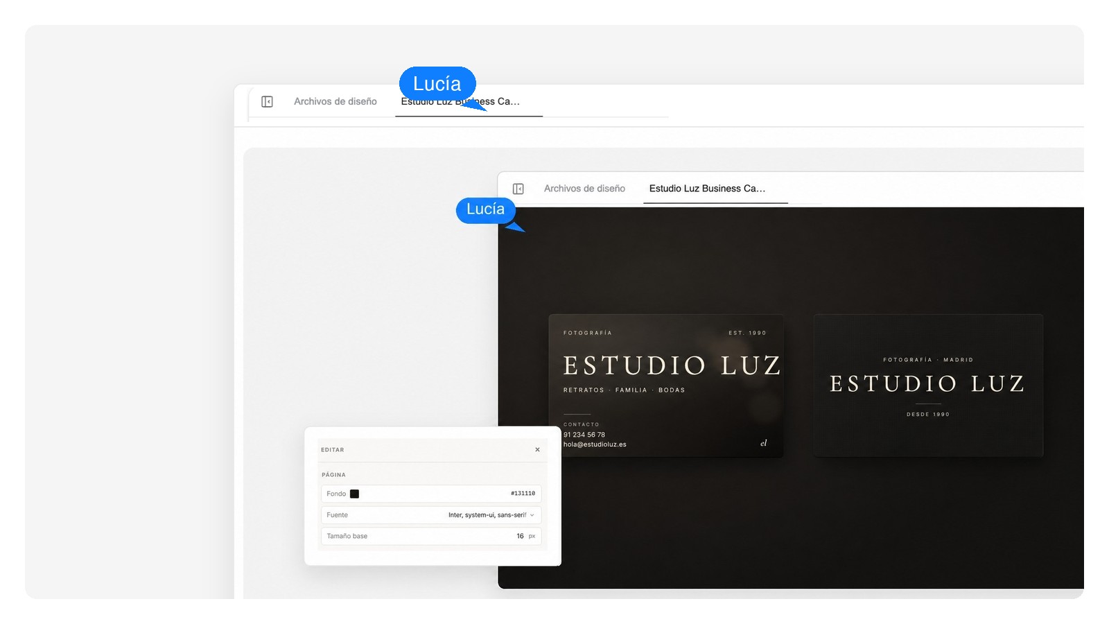 Diseño de tarjeta de visita separado en tres capas editables: fondo, logo y texto de contacto