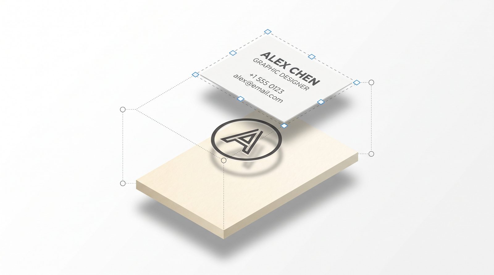 A business card design separated into three editable layers: background, logo, and contact text