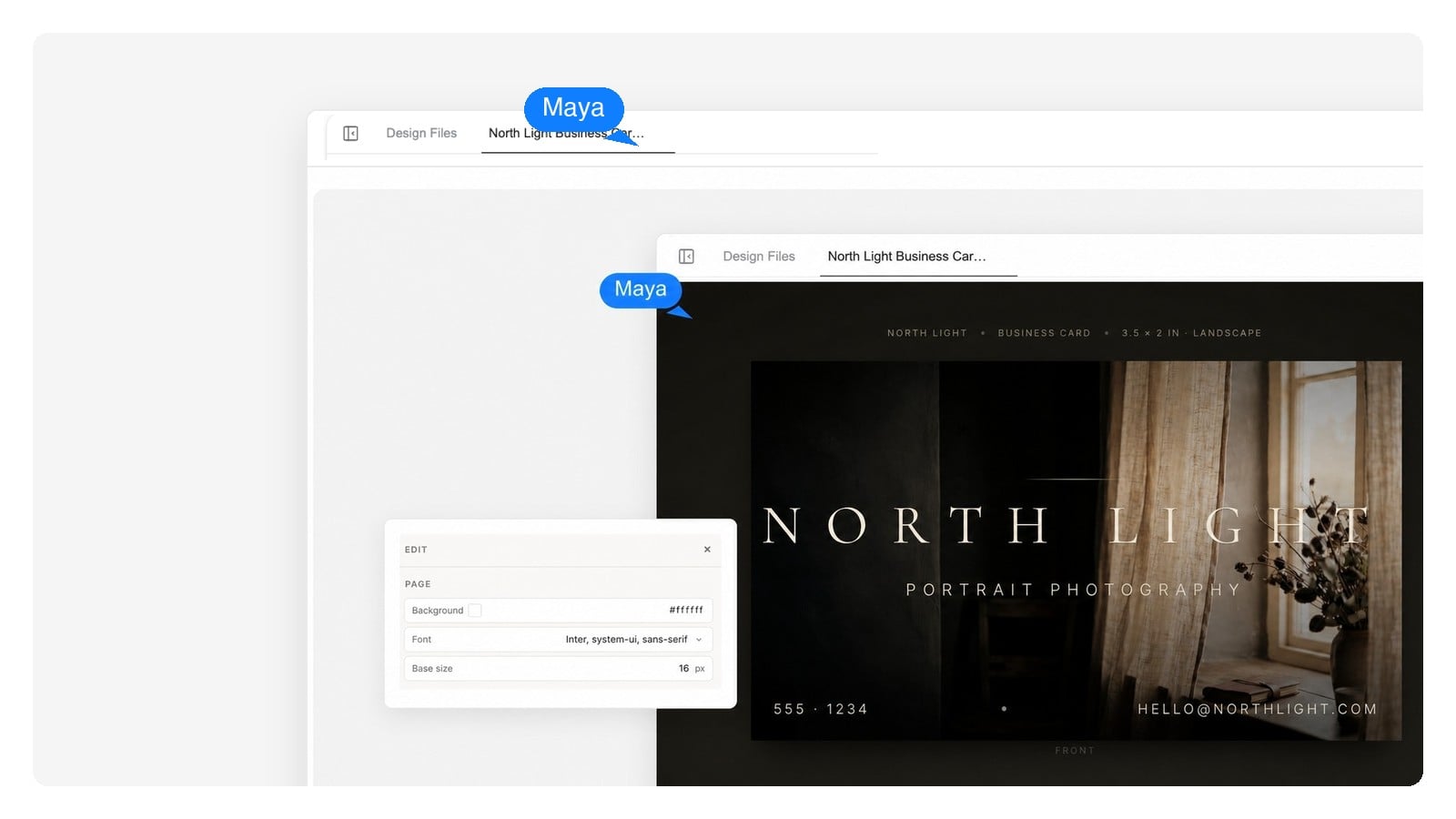 A business card design separated into three editable layers: background, logo, and contact text
