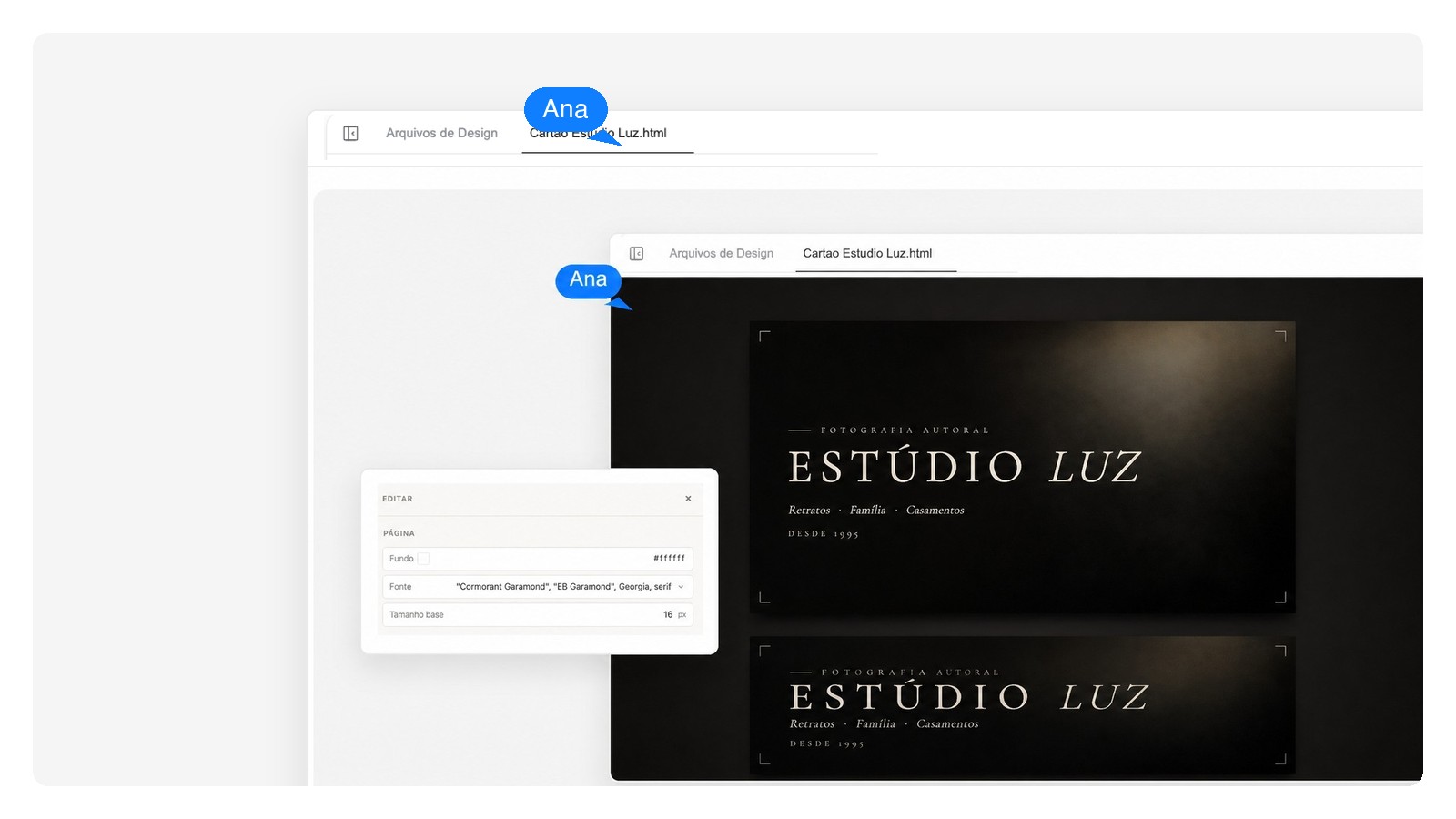 Design de cartão de visita separado em três camadas editáveis: fundo, logo e texto de contato