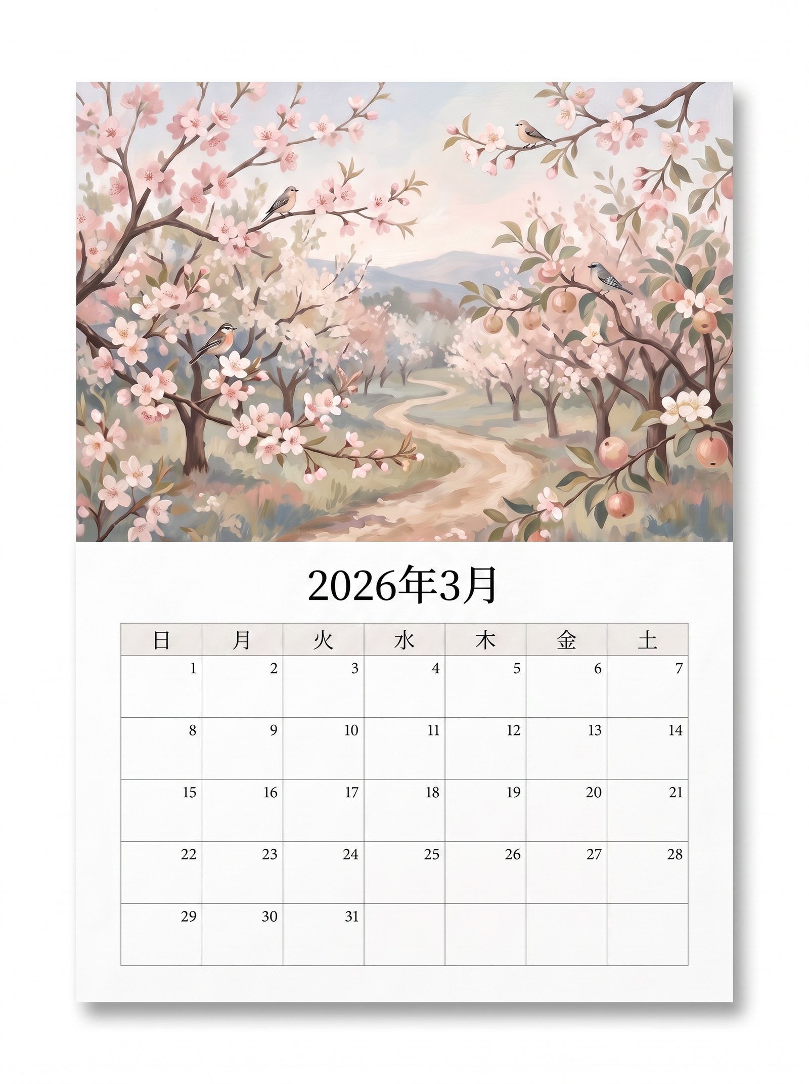 AIがデザインした2026年3月の壁掛けカレンダーページ——季節のアートの下に、すっきり組版された日付グリッド