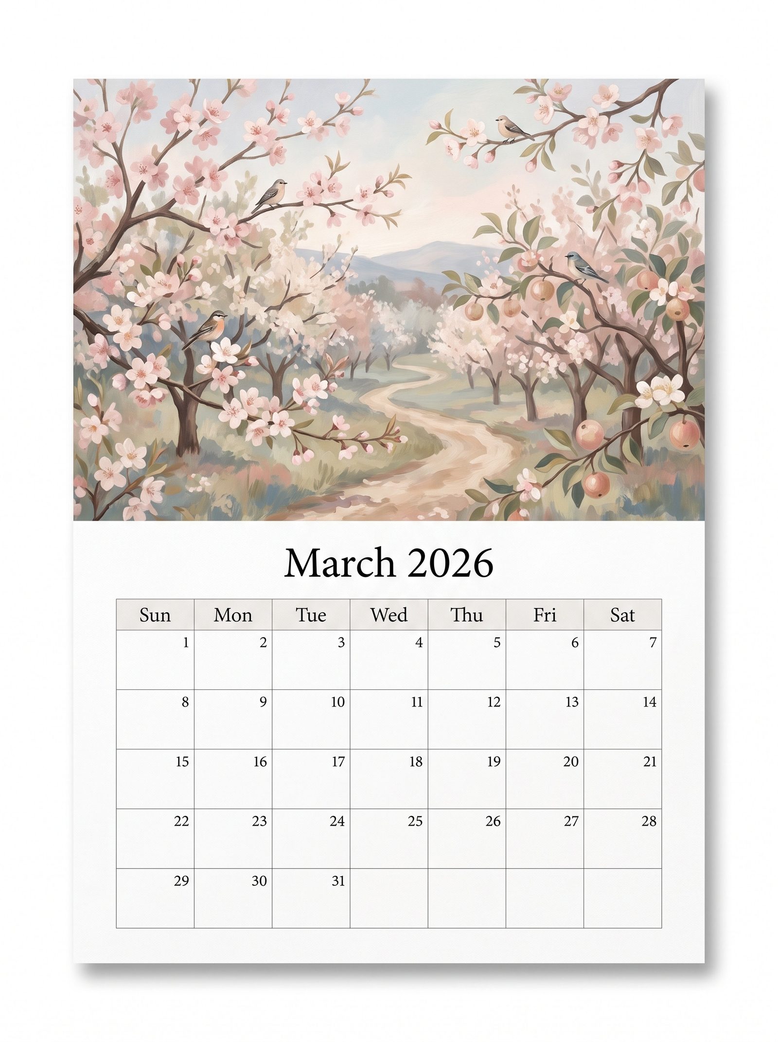 AI-designed March 2026 wall calendar page — seasonal artwork above a clean typeset date grid