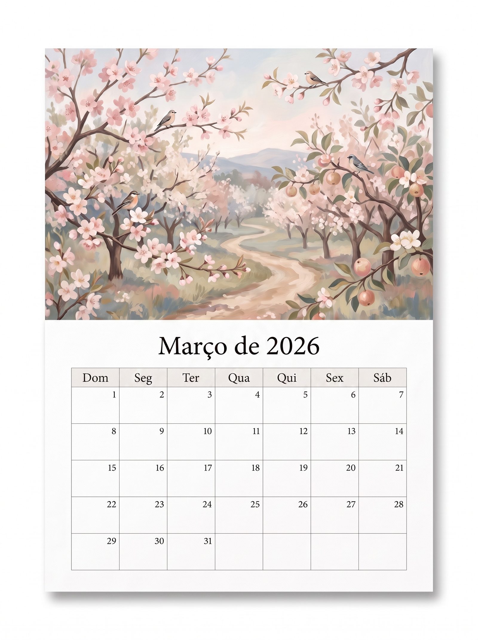 Página de calendário de parede de março de 2026 criada com IA — arte de estação sobre uma grade de datas limpa