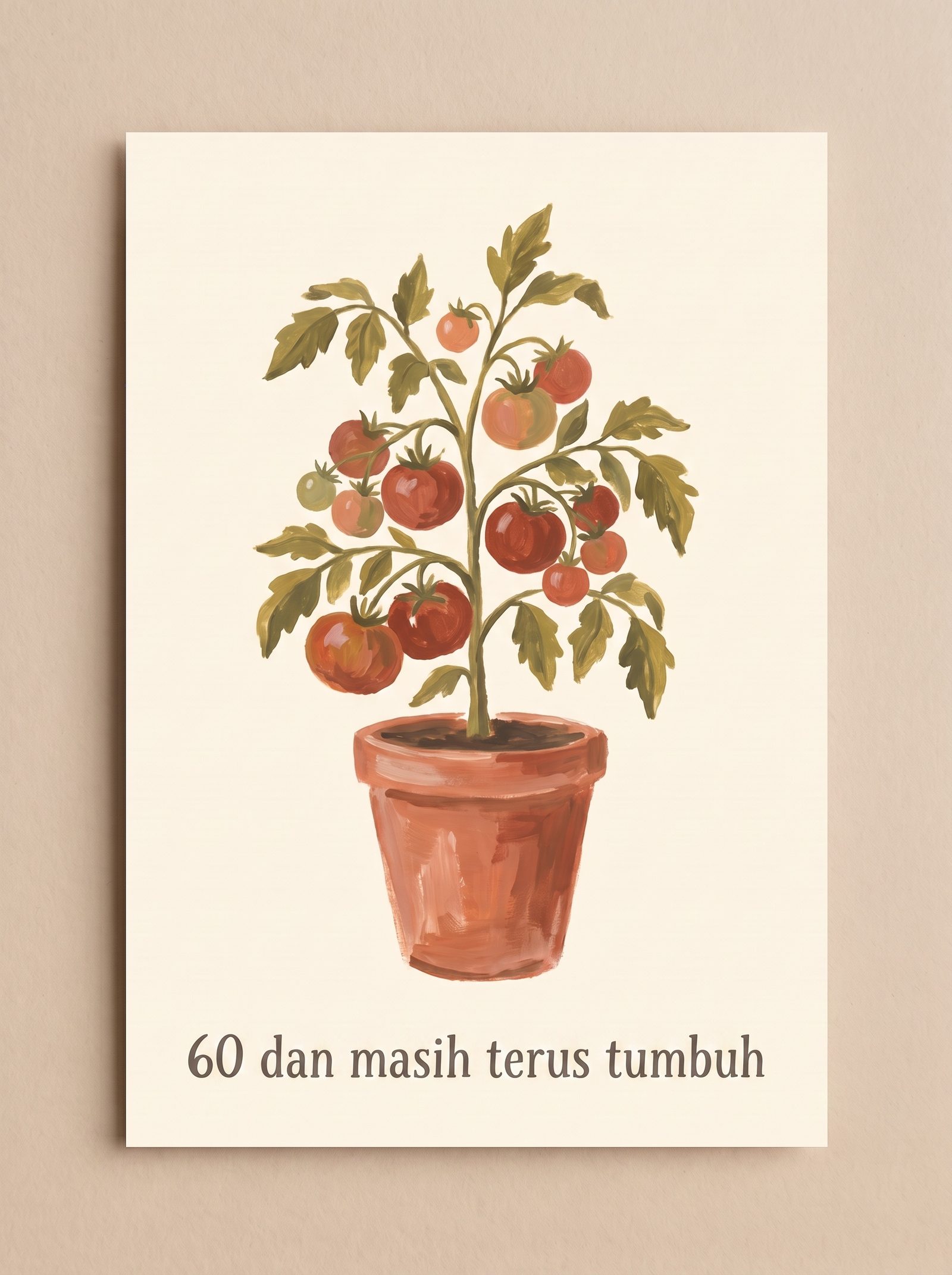 Sampul kartu ulang tahun — pohon tomat yang dilukis tangan dengan judul '60 dan masih terus tumbuh'