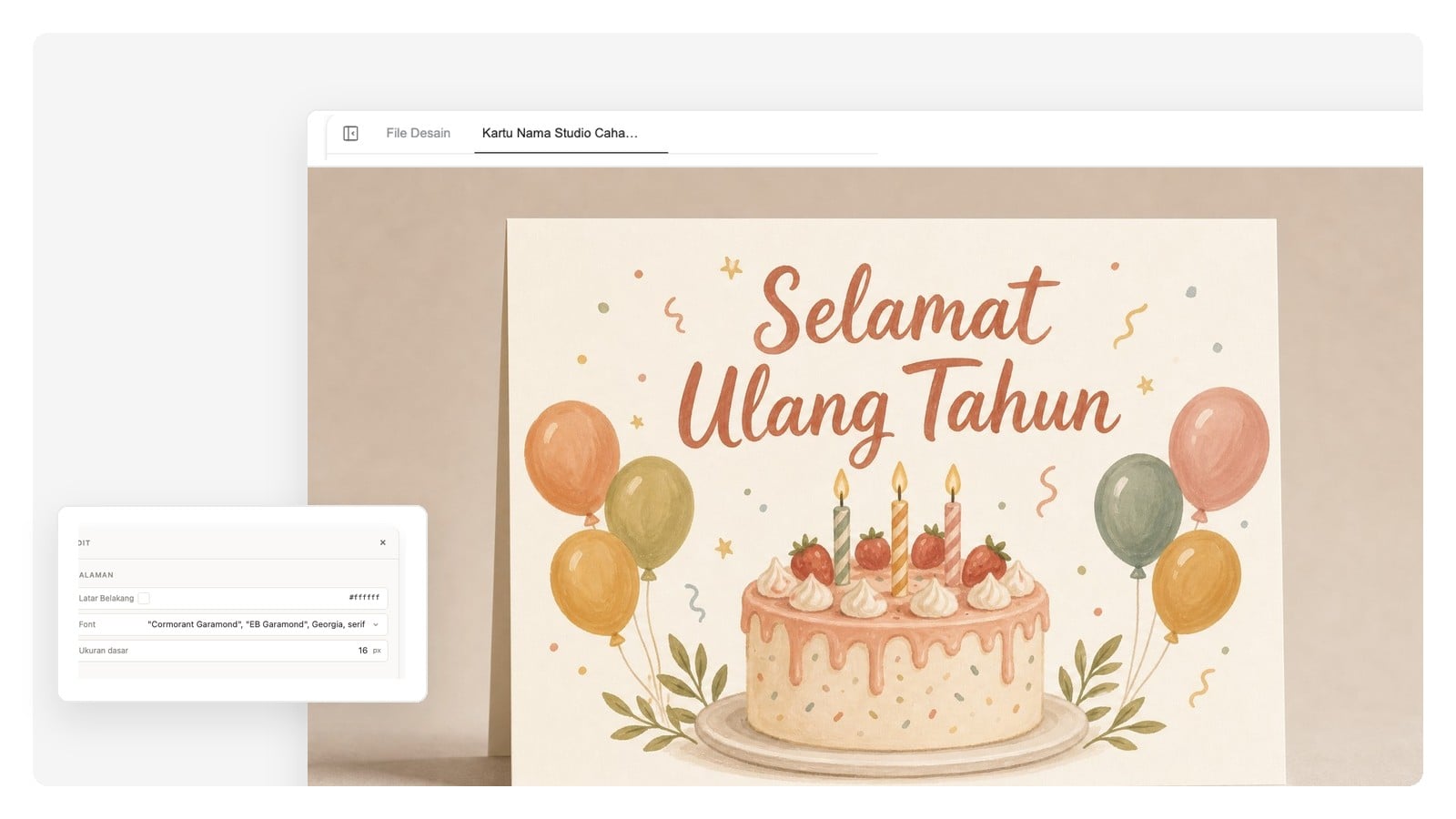 Sampul kartu ulang tahun — pohon tomat yang dilukis tangan dengan judul '60 dan masih terus tumbuh'