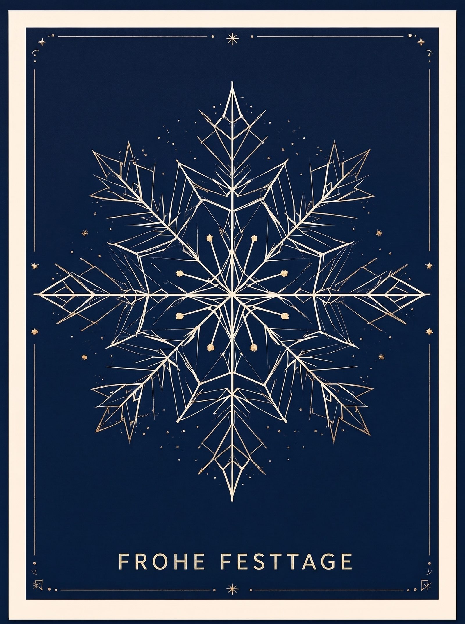 Vorderseite einer Festtagskarte – geometrisches Schneeflockenmuster in Marineblau und Creme mit „FROHE FESTTAGE“