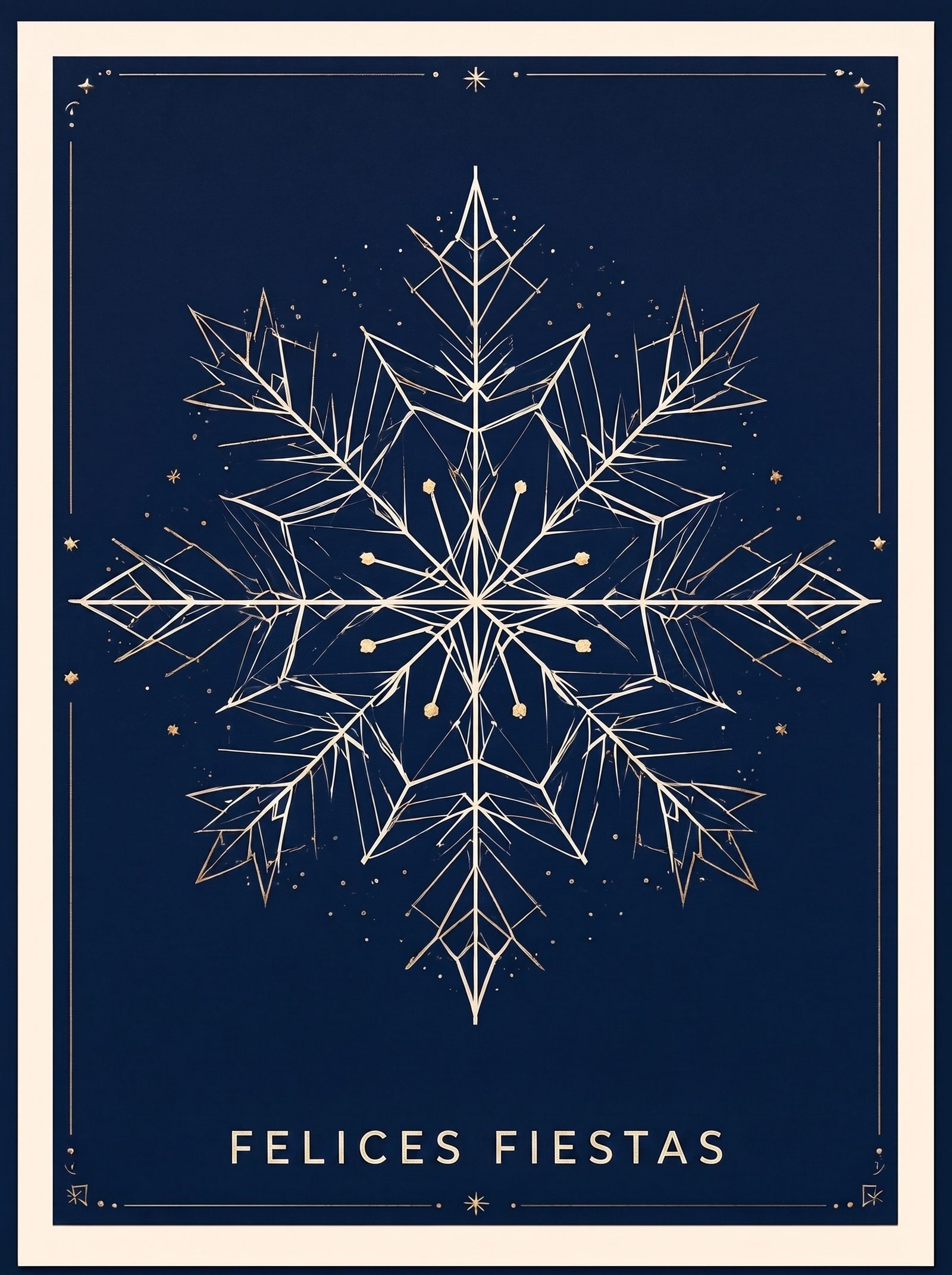 Portada de tarjeta de fiestas: patrón geométrico de copos de nieve en azul marino y crema con 'FELICES FIESTAS'