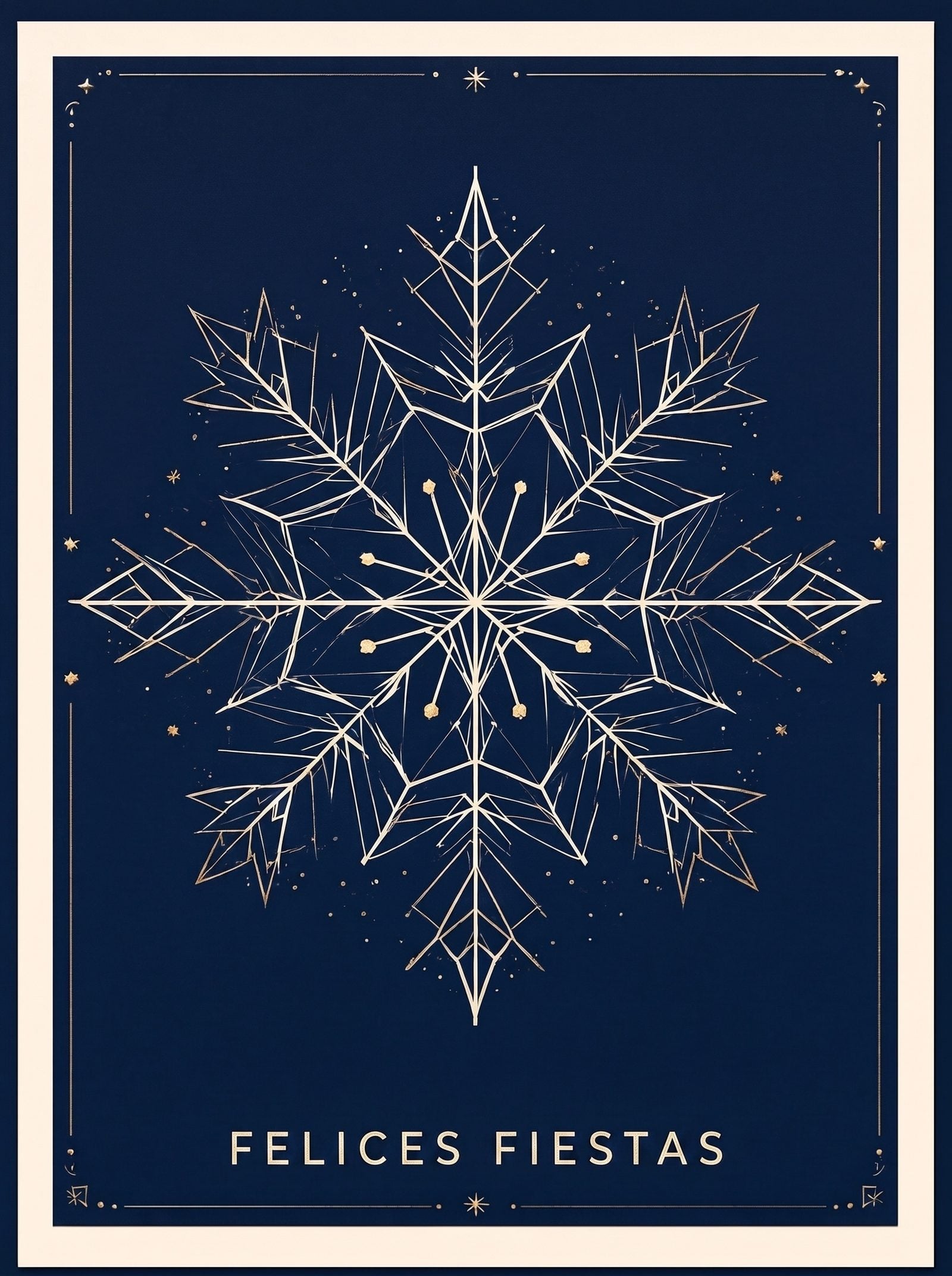 Portada de tarjeta de fiestas: patrón geométrico de copos de nieve en azul marino y crema con 'FELICES FIESTAS'