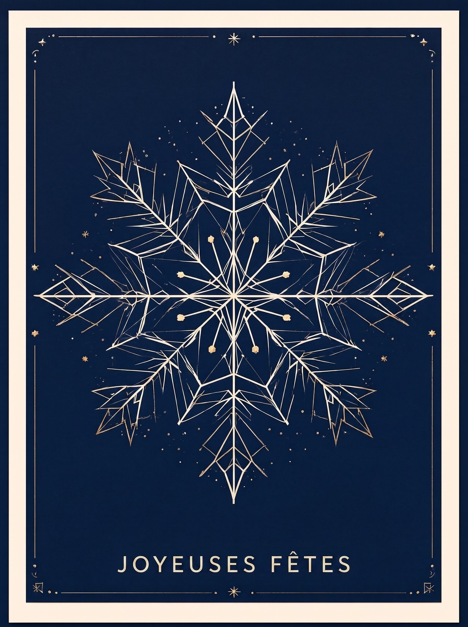 Recto d'une carte de fin d'année — motif géométrique de flocons de neige en bleu marine et crème avec « JOYEUSES FÊTES »