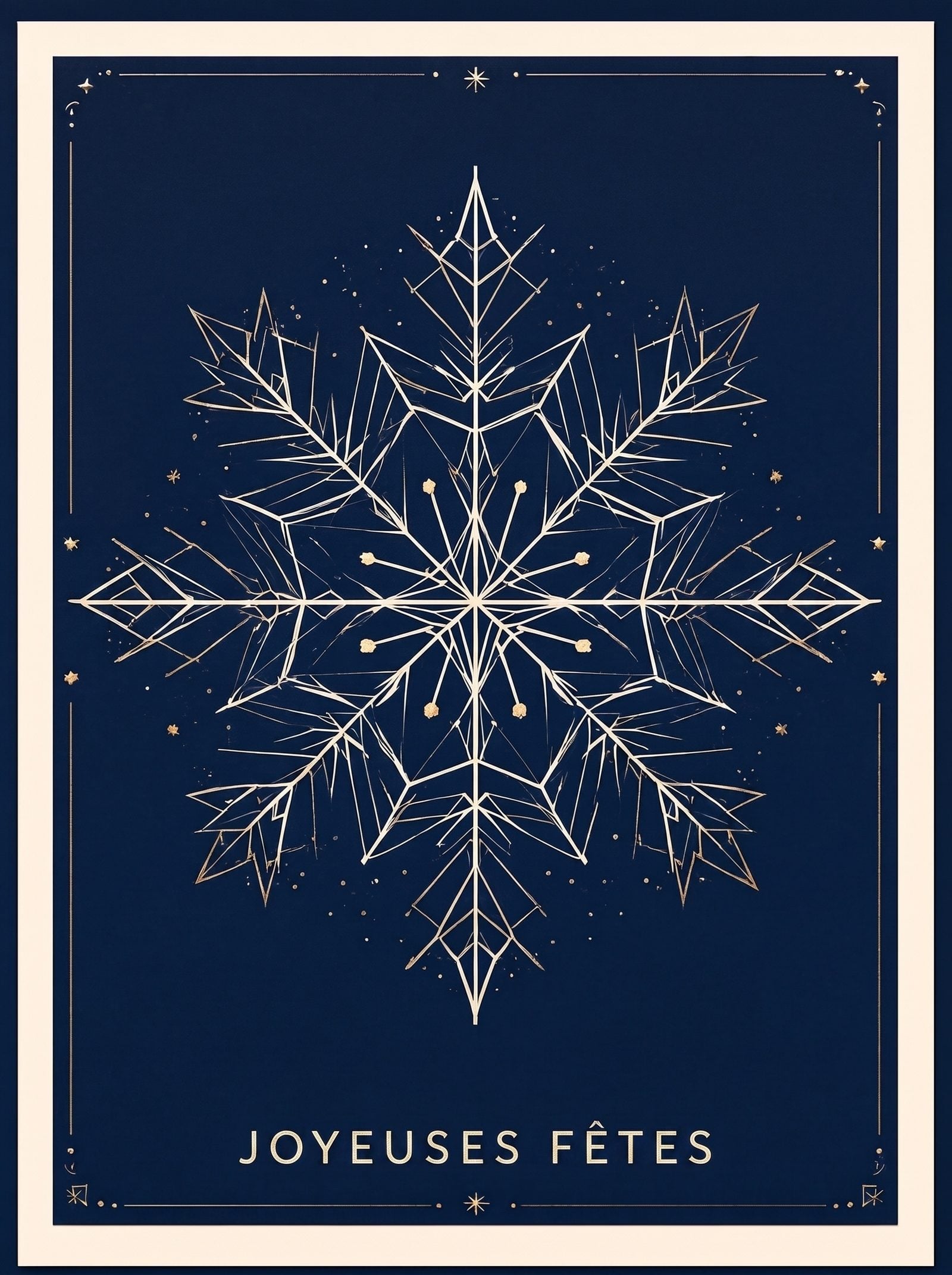 Recto d'une carte de fin d'année — motif géométrique de flocons de neige en bleu marine et crème avec « JOYEUSES FÊTES »