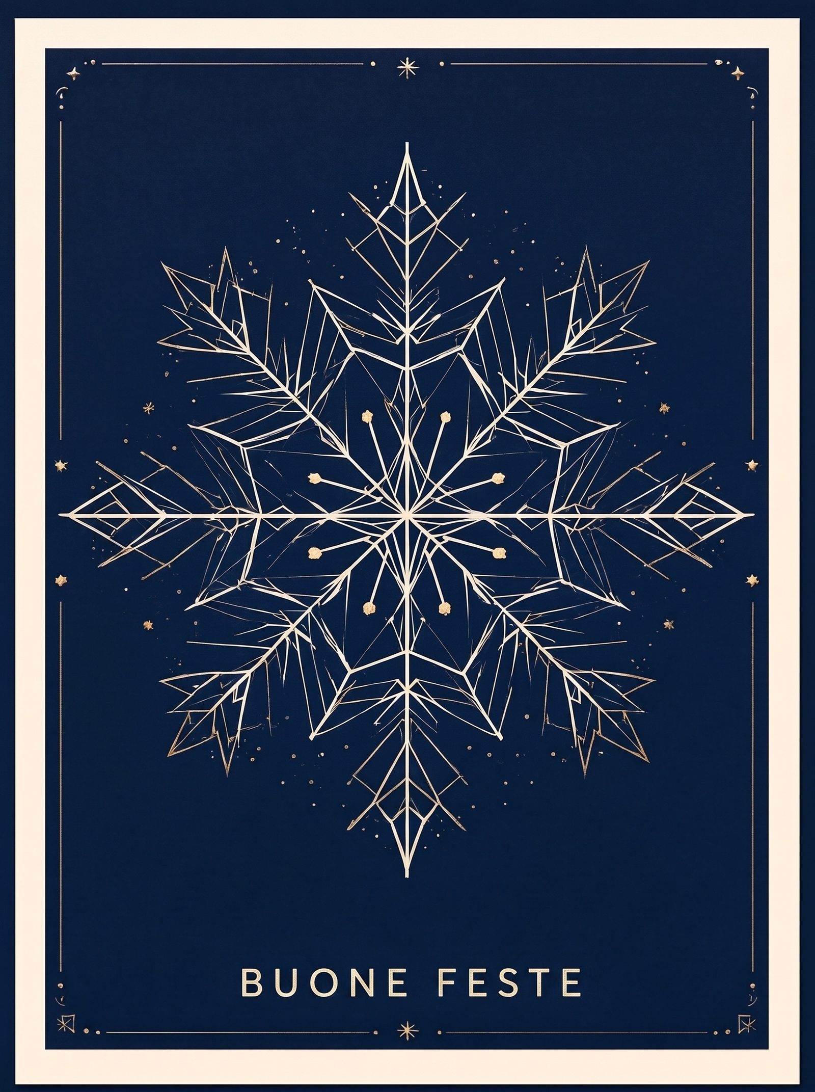 Copertina di un biglietto delle feste — motivo geometrico di fiocchi di neve in blu navy e crema con 'BUONE FESTE'