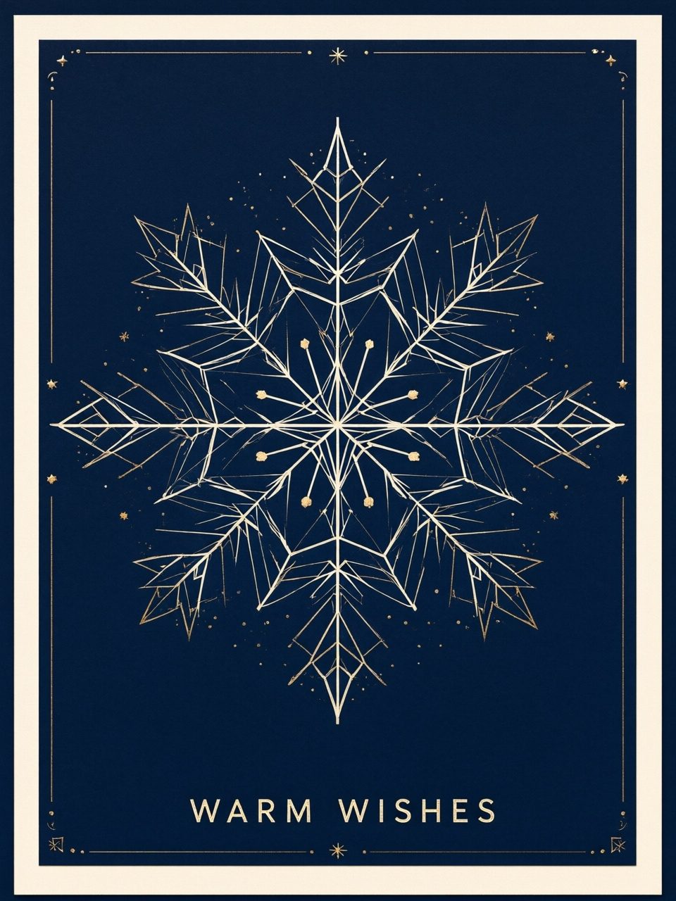 Holiday card front — geometric snowflake pattern in navy and cream with 'Warm wishes'