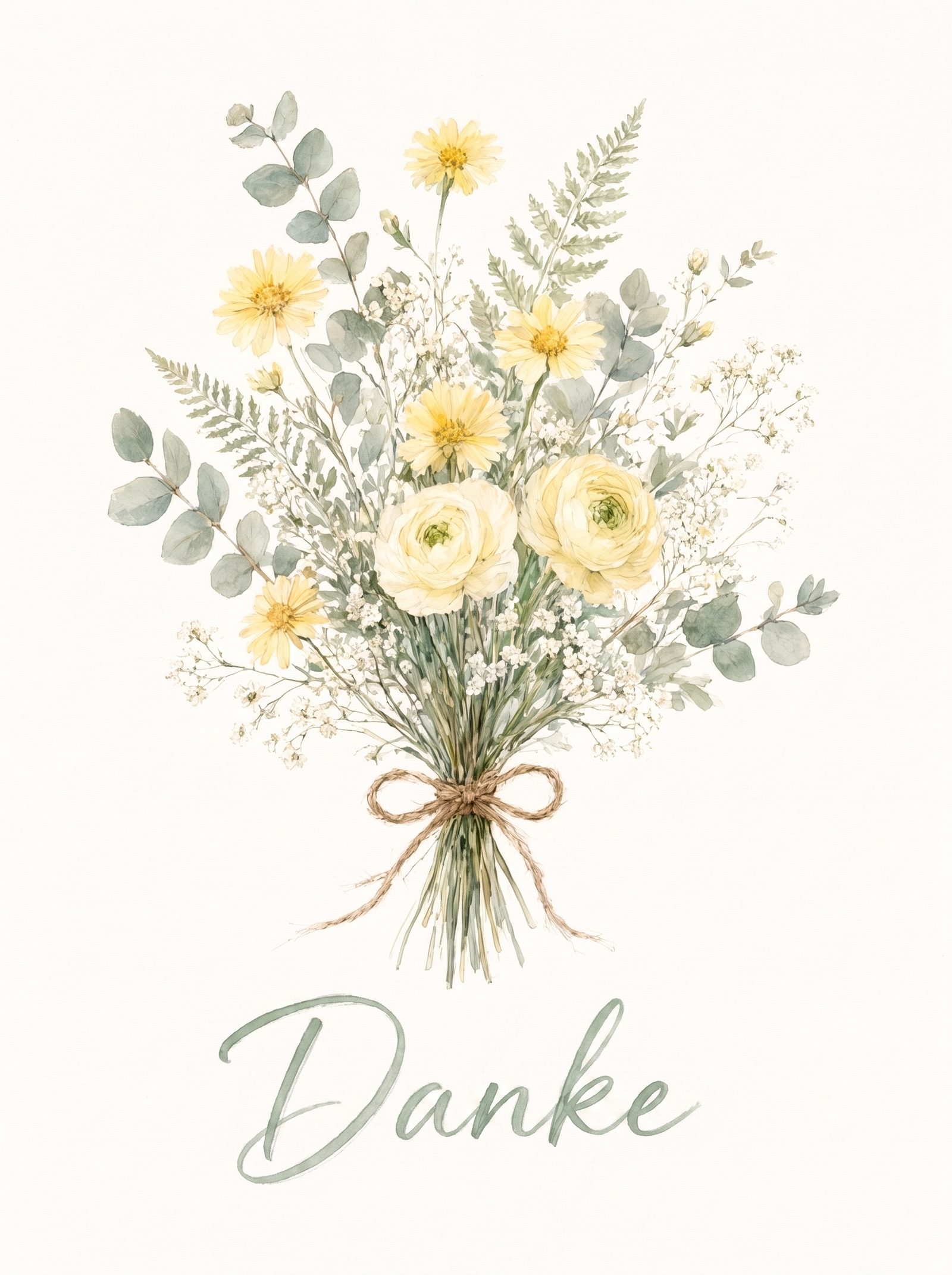 Vorderseite einer Dankeskarte – lockere Aquarell-Wiesenblumen, mit Schnur gebunden