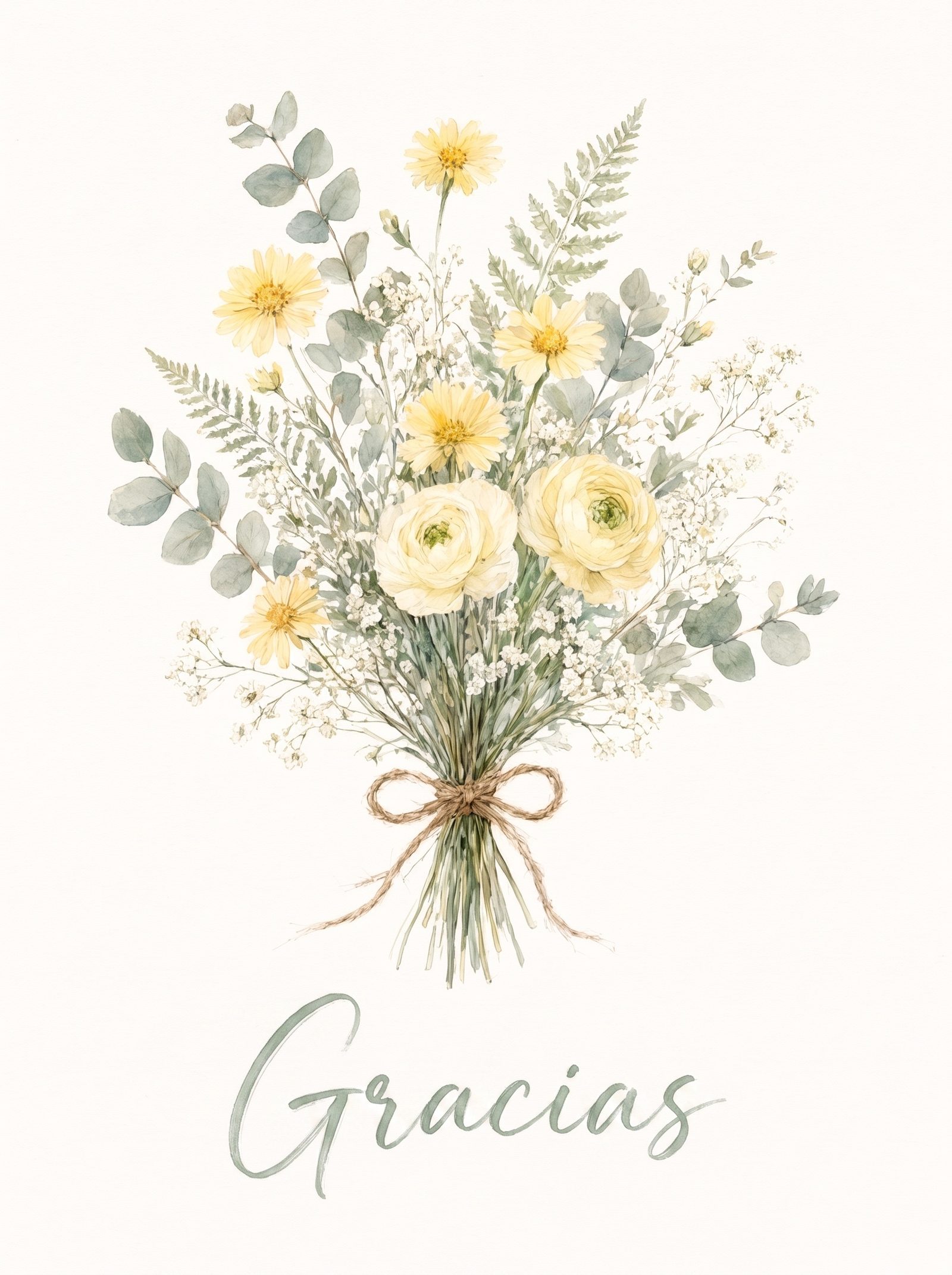 Portada de tarjeta de agradecimiento: flores silvestres en acuarela suelta atadas con cordel