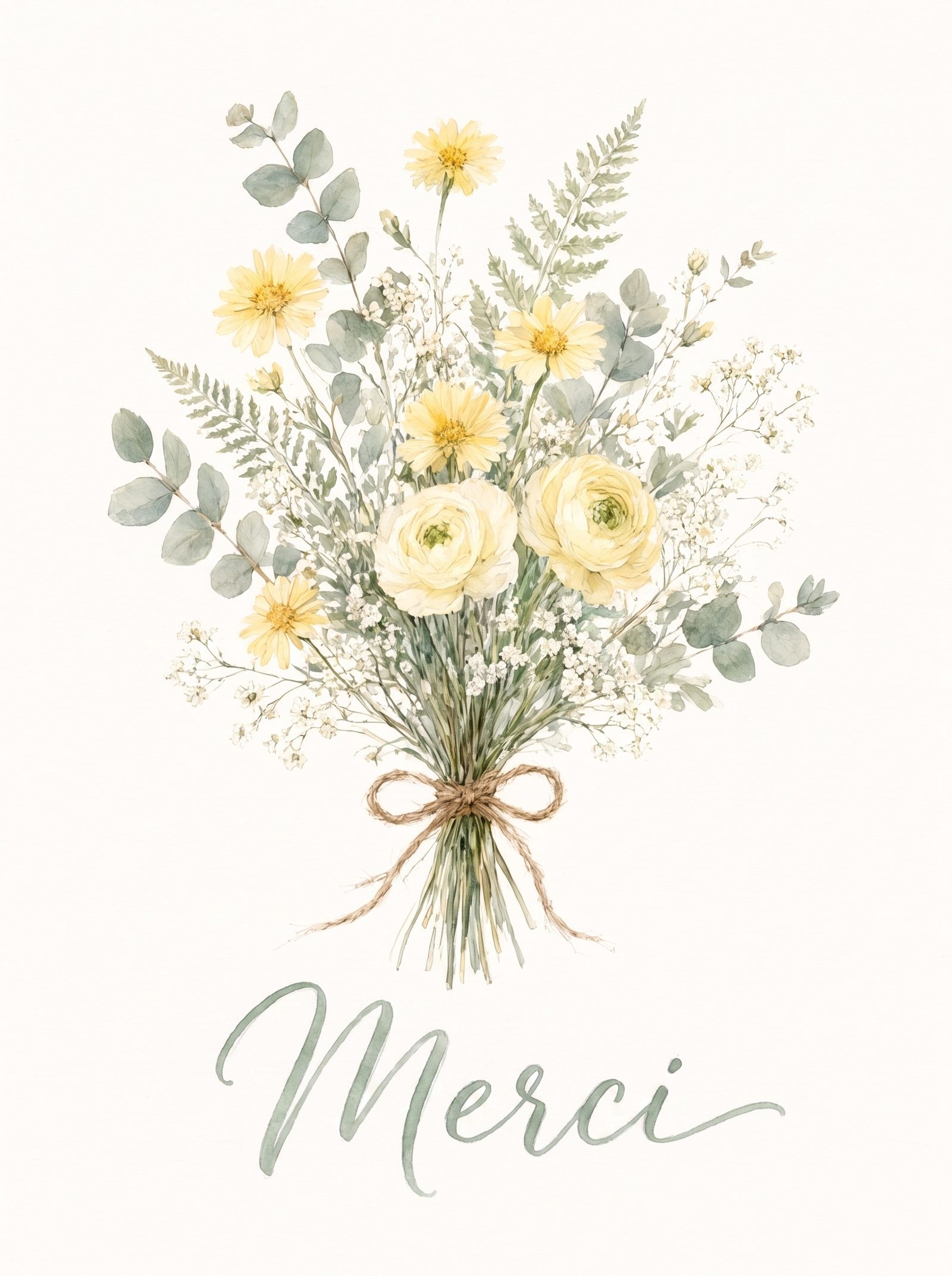 Recto d'une carte de remerciement — fleurs des champs à l'aquarelle libre, nouées avec de la ficelle