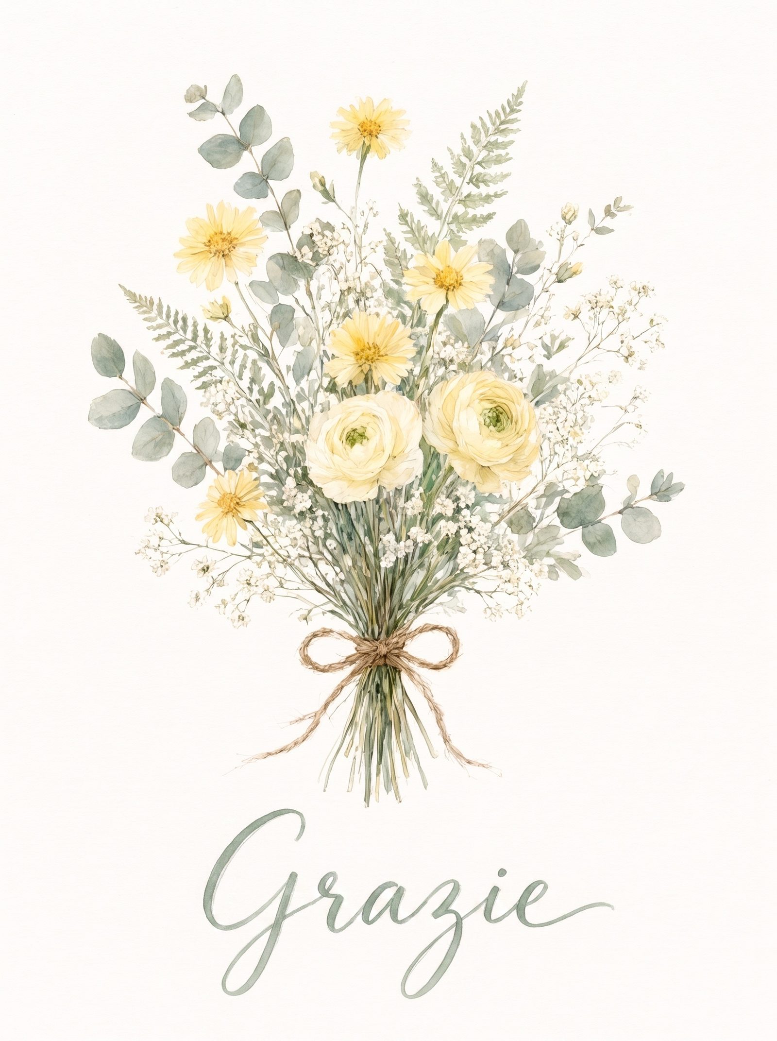 Copertina di un biglietto di ringraziamento — fiori di campo ad acquerello libero legati con lo spago