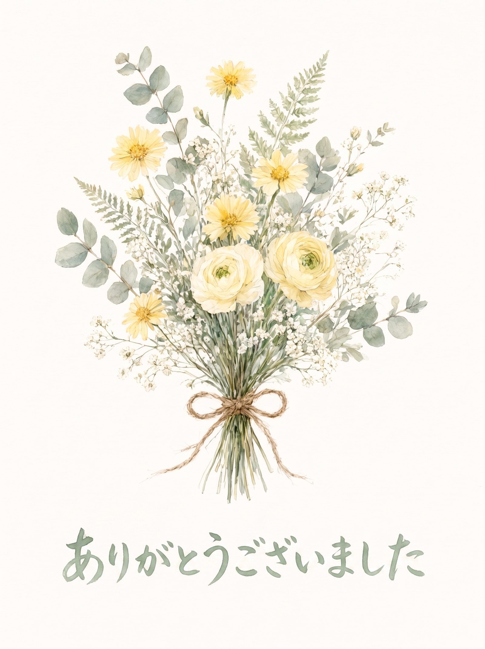 お礼カードの表紙——麻ひもで束ねたゆるやかな水彩の野の花