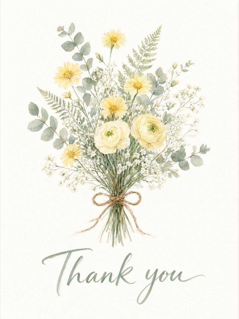 Thank-you card front — loose watercolor wildflowers tied with twine