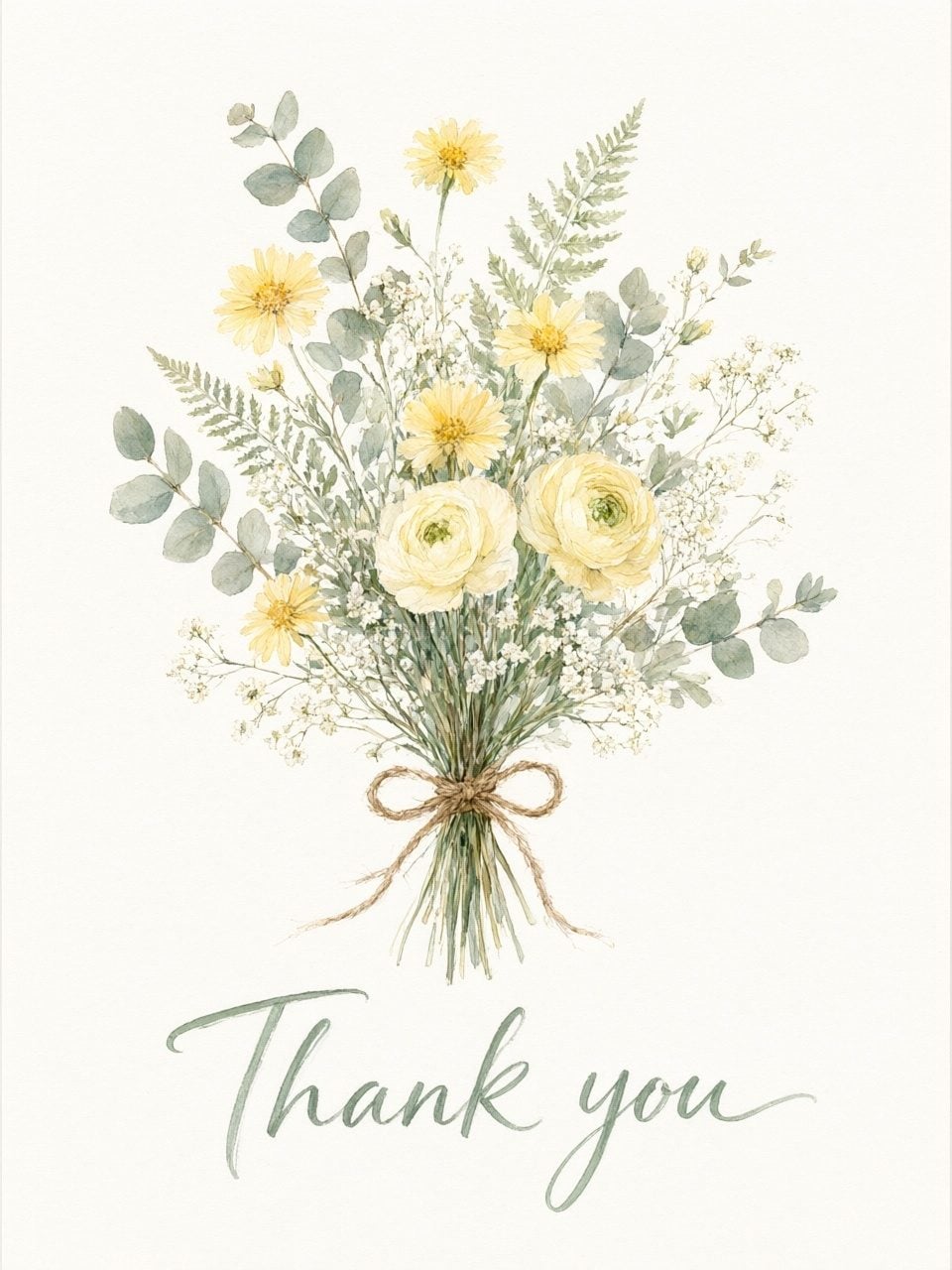 Thank-you card front — loose watercolor wildflowers tied with twine
