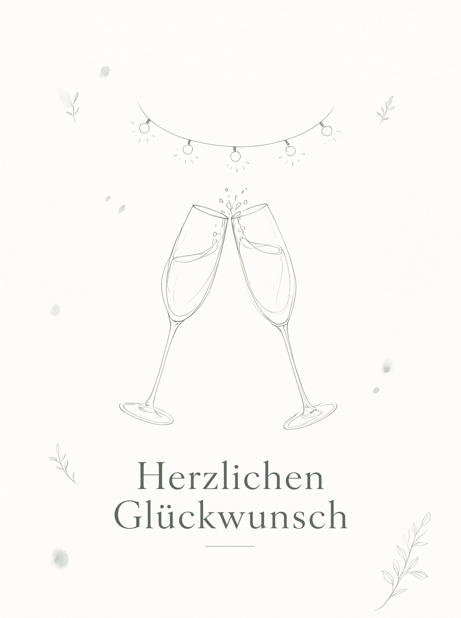 Vorderseite einer Glückwunschkarte zur Hochzeit – Tuschezeichnung in einer Linie: zwei Champagnergläser unter Lichterketten
