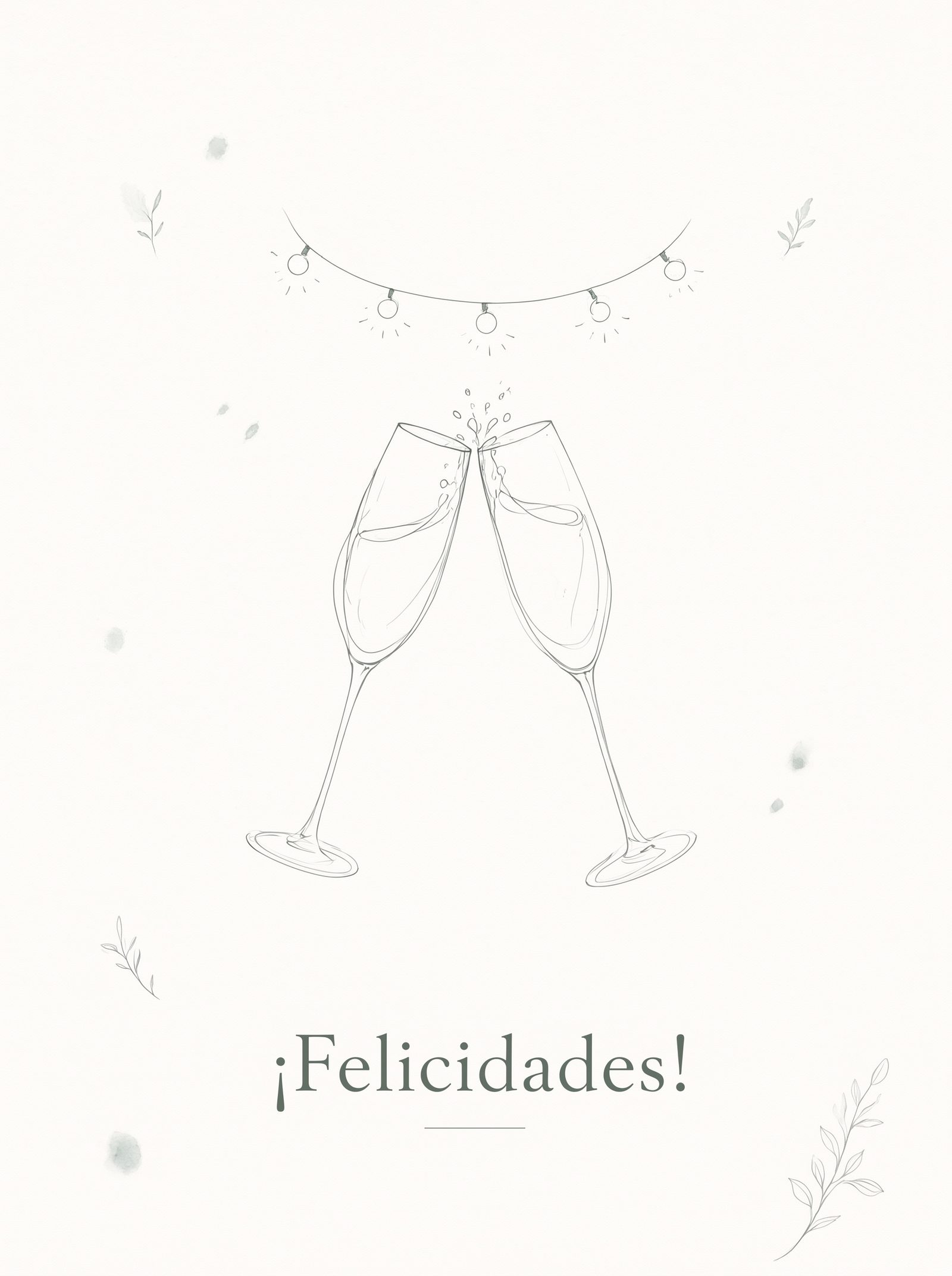 Portada de tarjeta de felicitación de boda: dibujo a tinta de un solo trazo con dos copas de champán bajo lucecitas