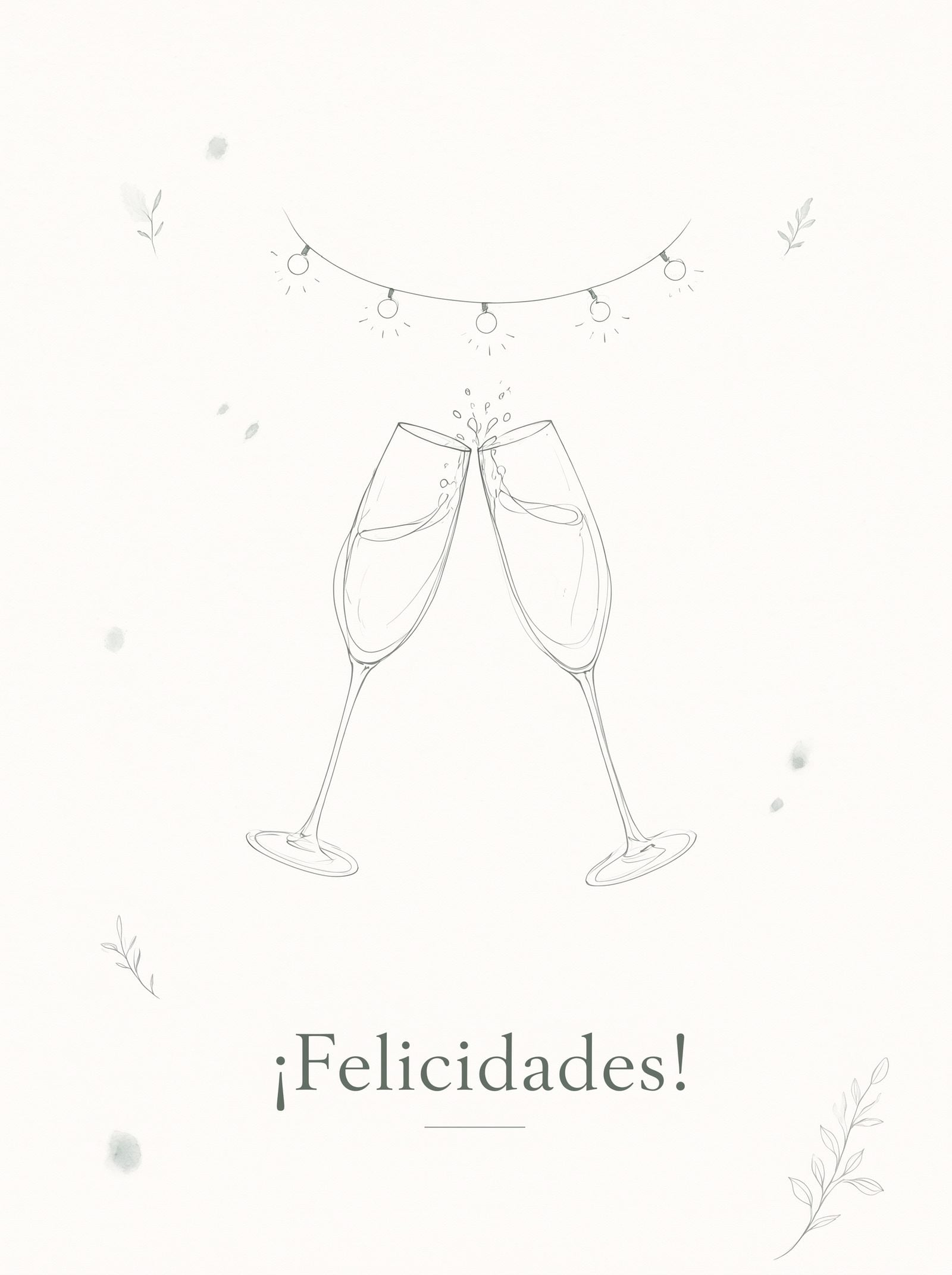 Portada de tarjeta de felicitación de boda: dibujo a tinta de un solo trazo con dos copas de champán bajo lucecitas